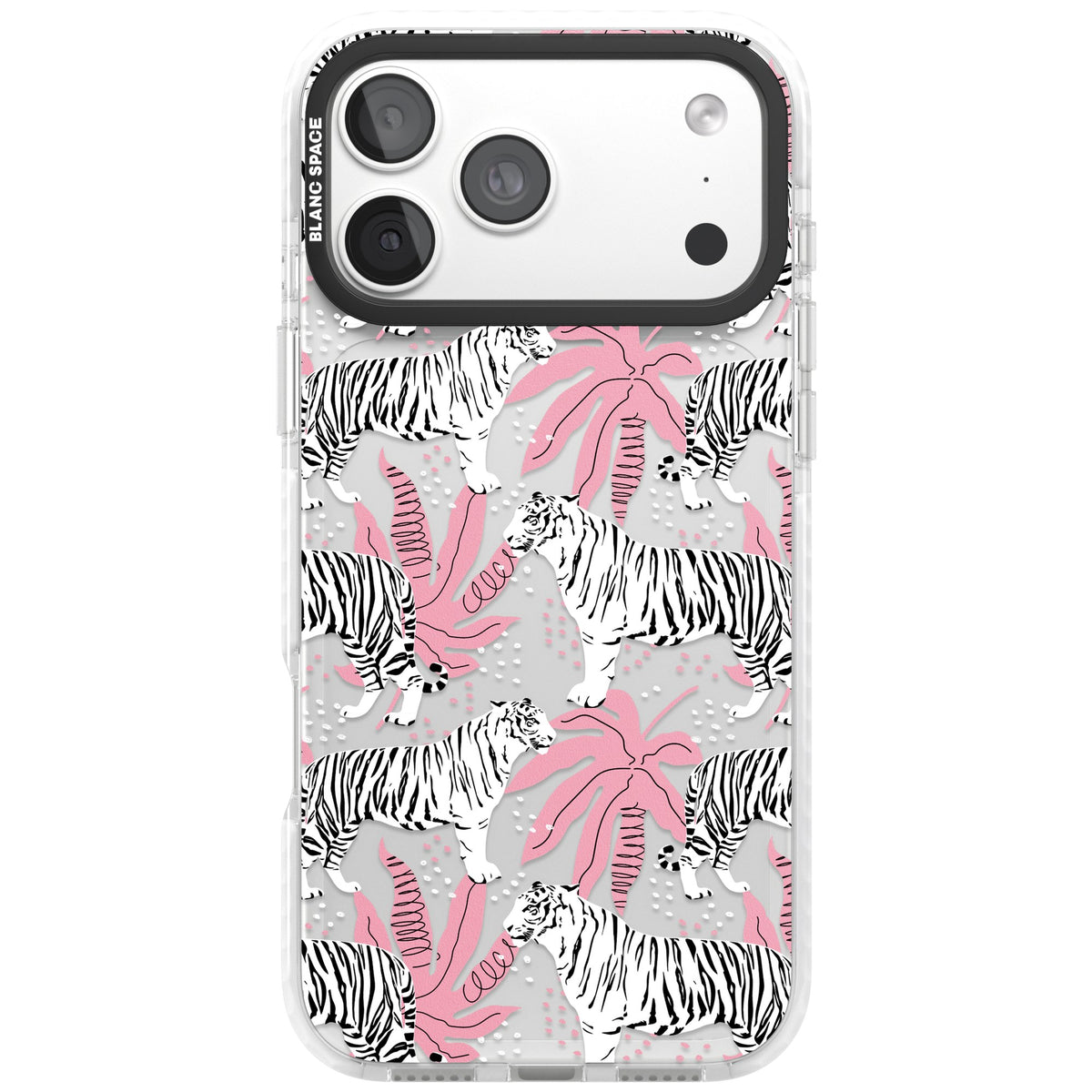 Pink & White Tropical Tigers iPhone 18 Pro Max Impact Clear Phone Case front