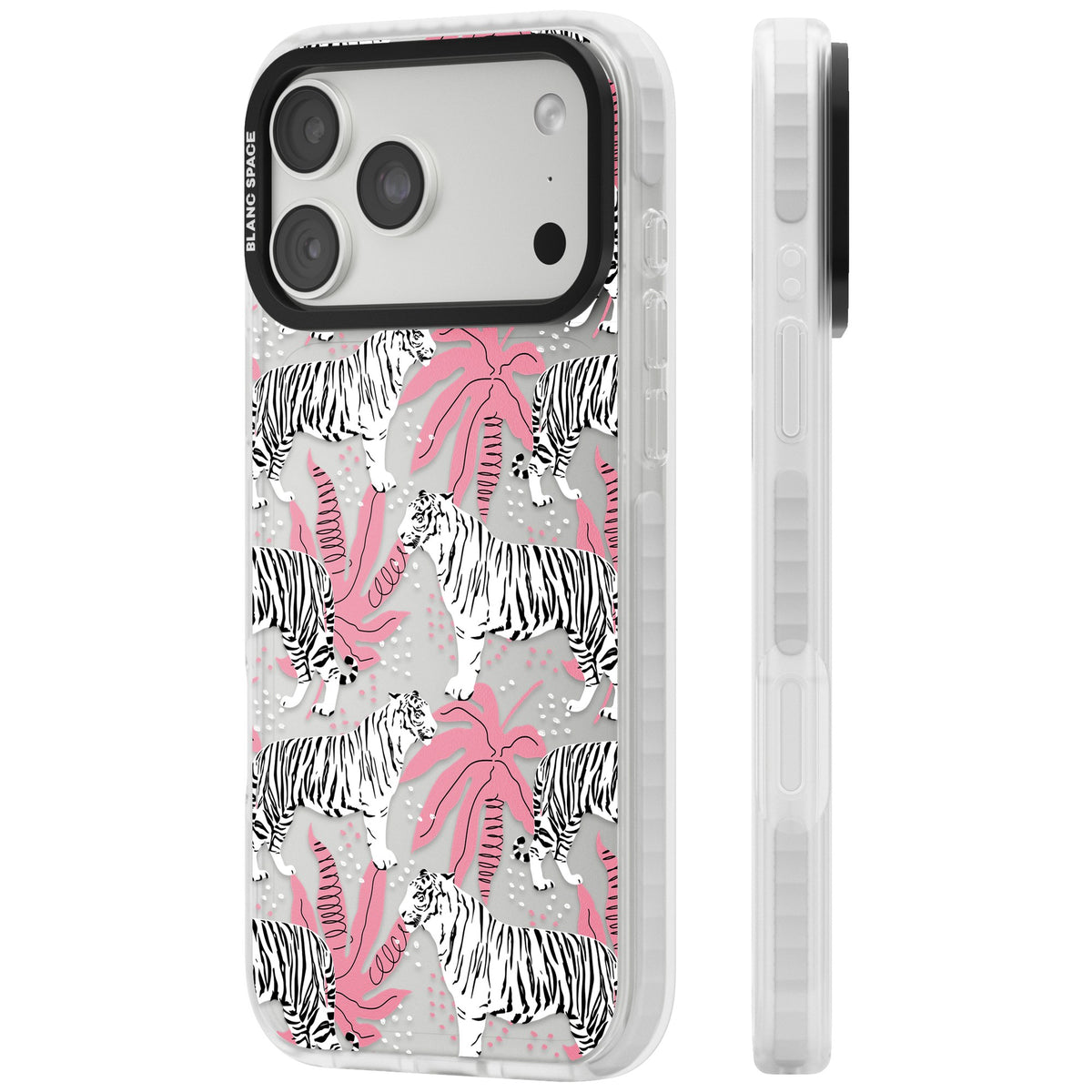 Pink & White Tropical Tigers iPhone 18 Pro Max Impact Clear Phone Case side