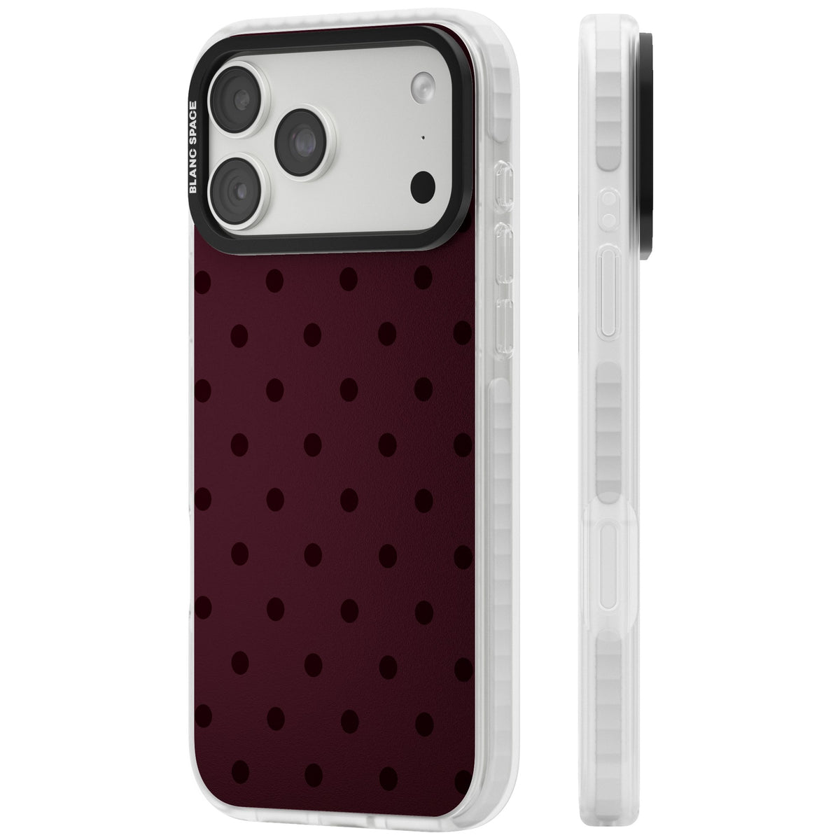Burgundy Polka Dot minimalist iPhone case featuring black polka dots on a deep burgundy wine red background iPhone 18 Pro Max Impact Clear Phone Case side