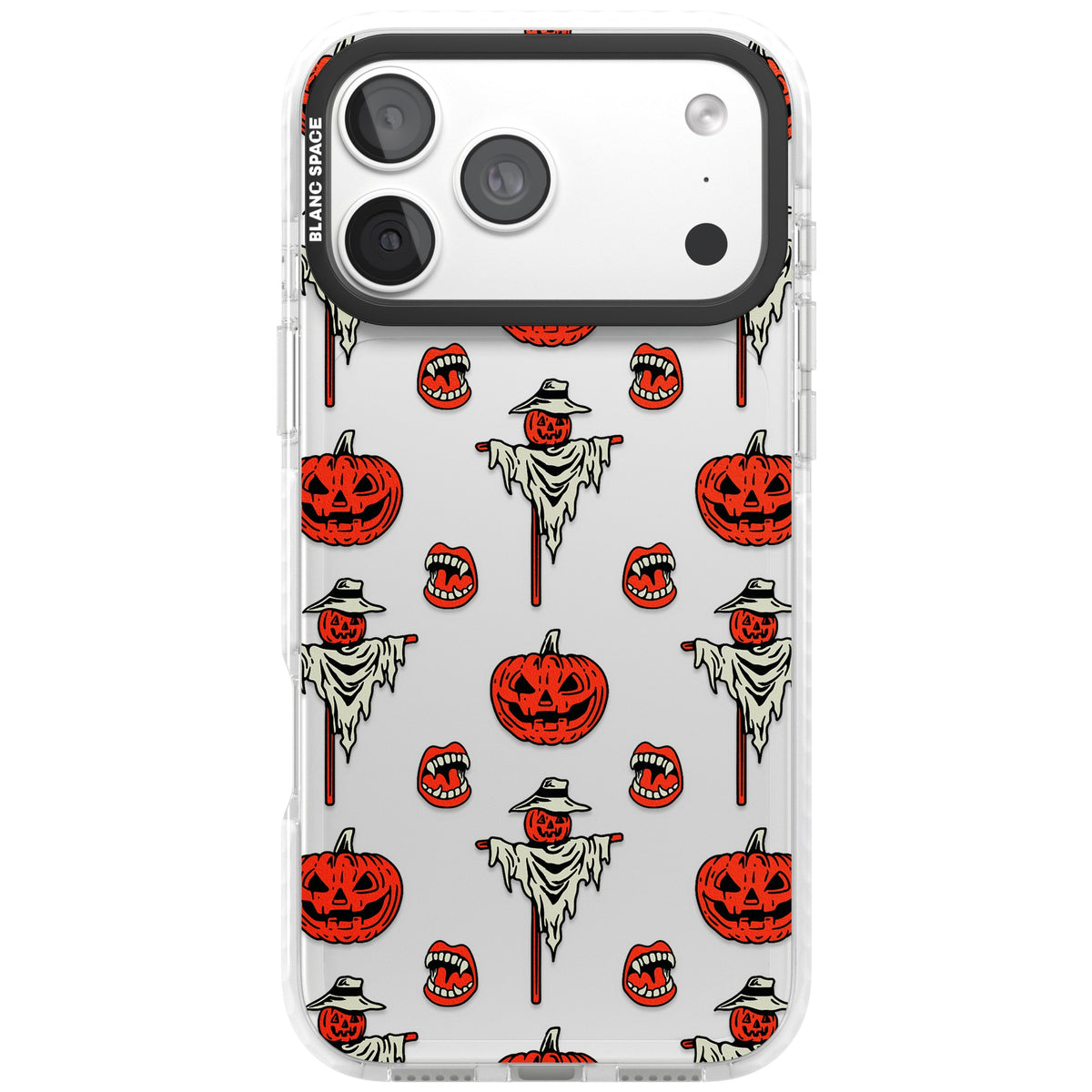 Retro Red Pumpkins & Scarecrows iPhone 18 Pro Max Impact Clear Phone Case front