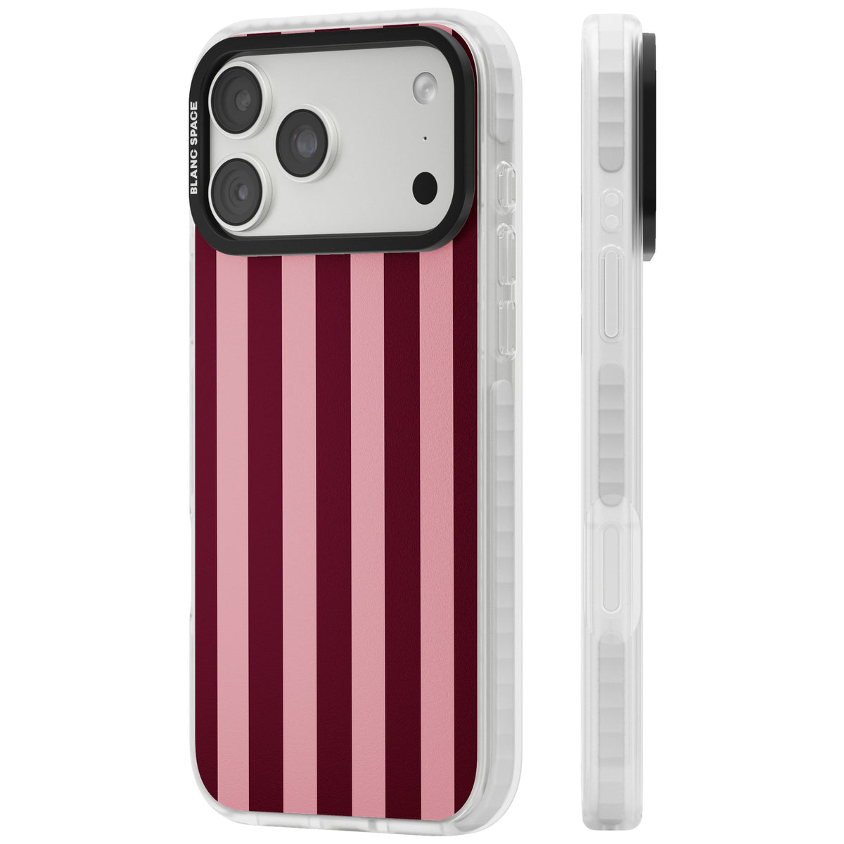 Bordeaux Belle preppy iPhone case featuring bold vertical stripes in burgundy and soft blush pink iPhone 18 Pro Max Impact Clear Phone Case side