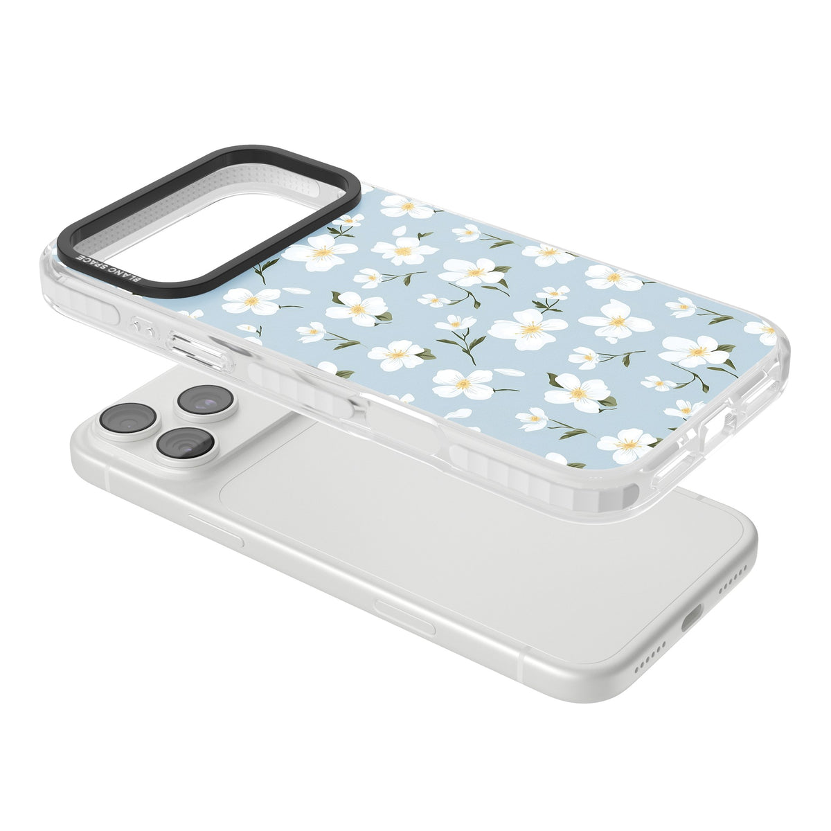 Powder Blue Petals iPhone 18 Pro Max Impact Clear Phone Case angled
