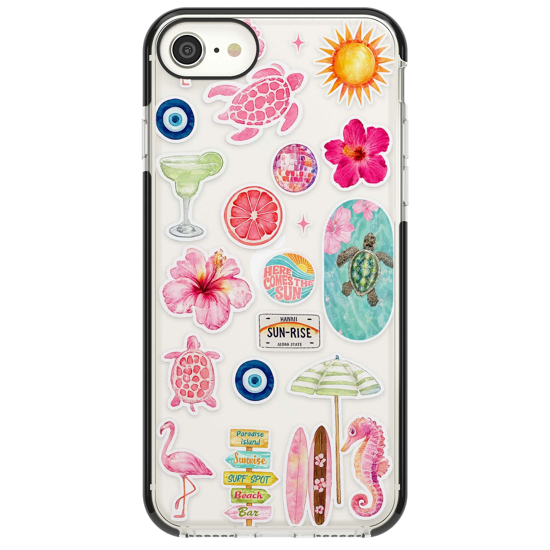 Aloha Sticker Mix tropical summer iPhone case featuring pink hibiscus, sea turtles, flamingo and beach umbrella stickers | Black Impact case for iPhone SE