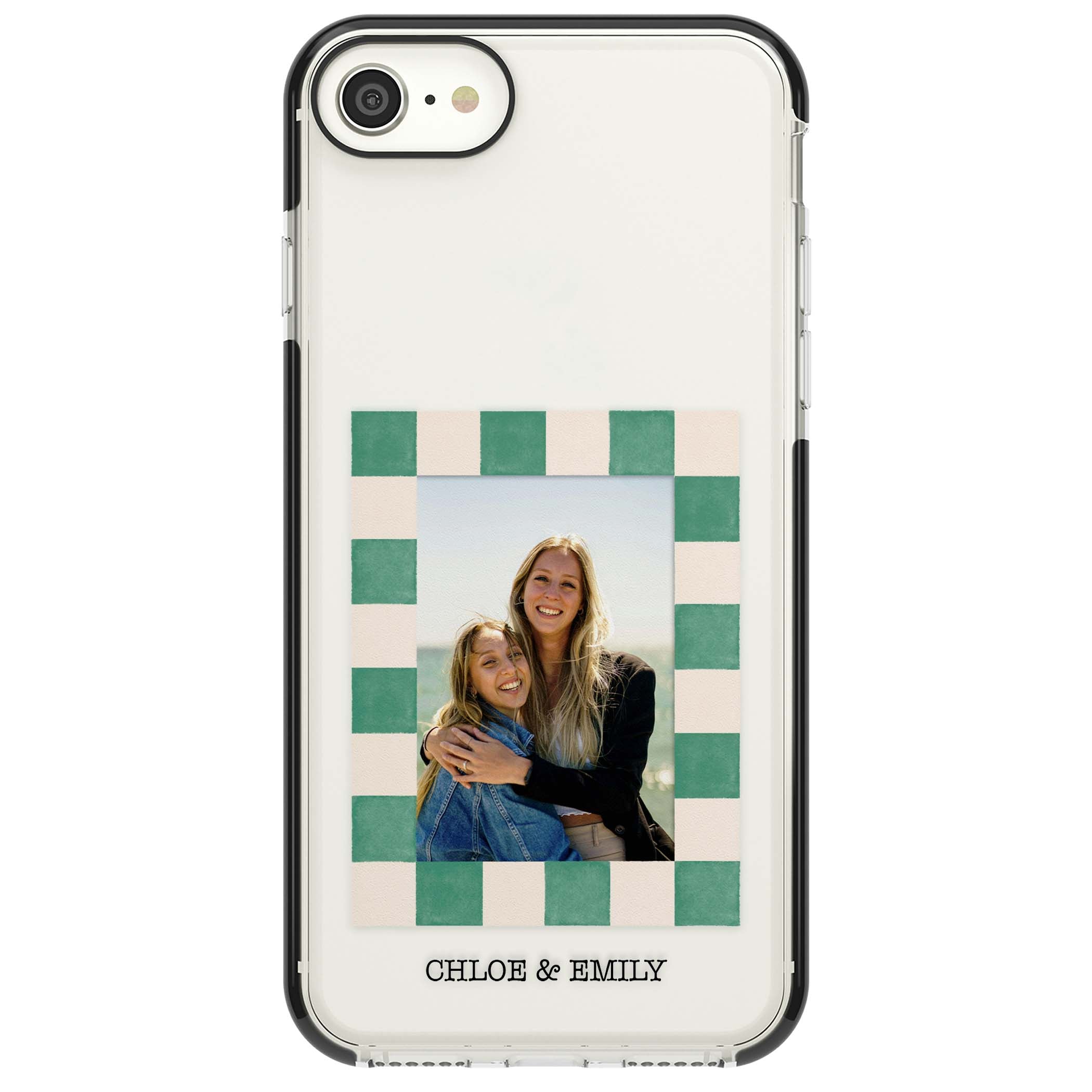 Seafoam Check Photo personalised iPhone case featuring a custom polaroid photo, green and cream checkered frame, and custom n | Black Impact case for iPhone SE