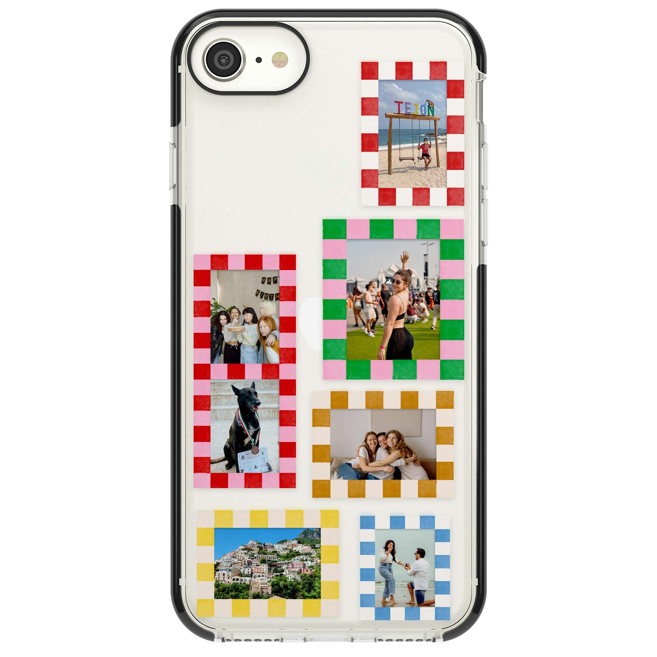 Italian Check Frames custom photo collage iPhone case featuring six checkered photo frames in red, green, pink and | Black Impact case for iPhone SE