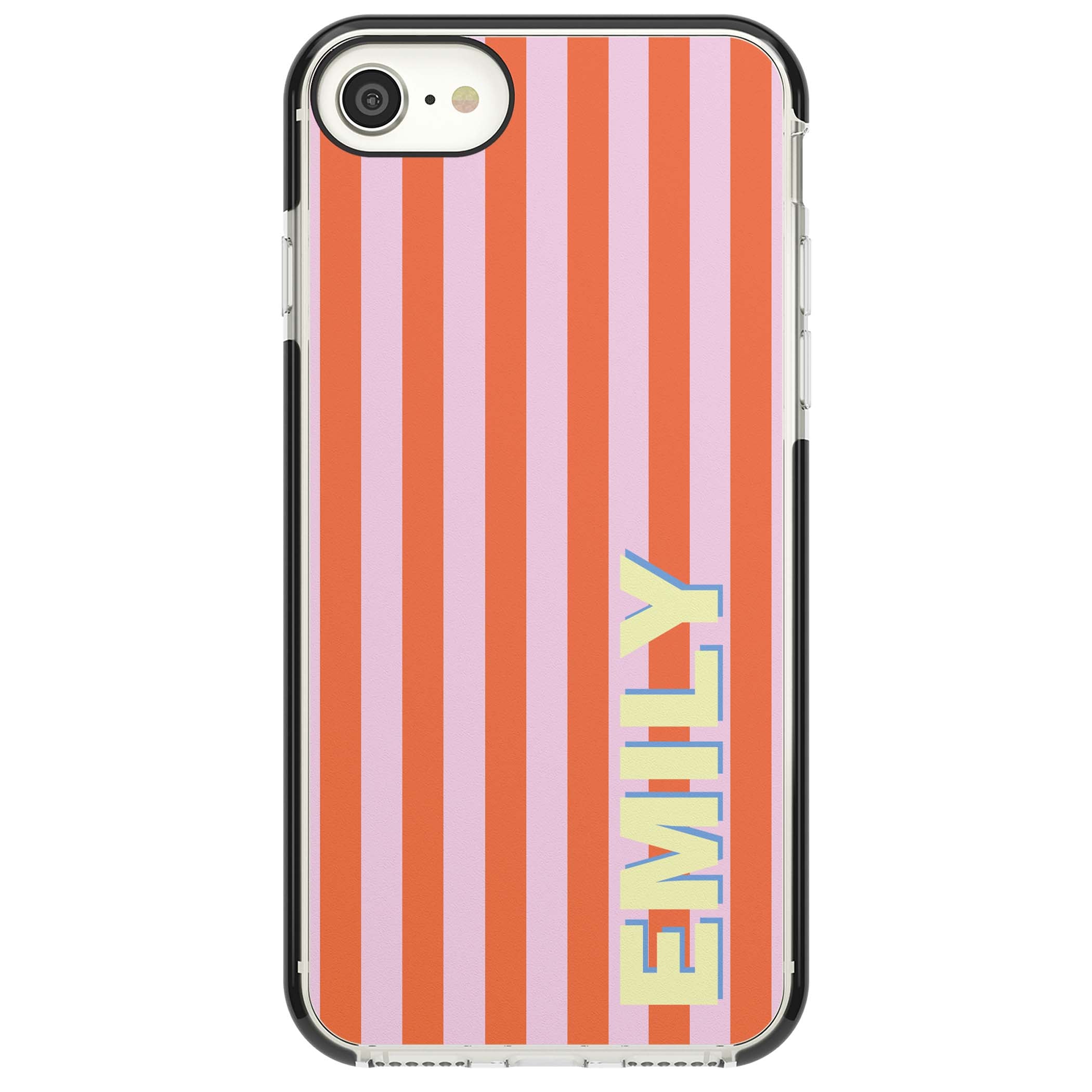 Havana Stripe personalised iPhone case featuring pink and orange vertical stripes with a custom yellow name | Black Impact case for iPhone SE