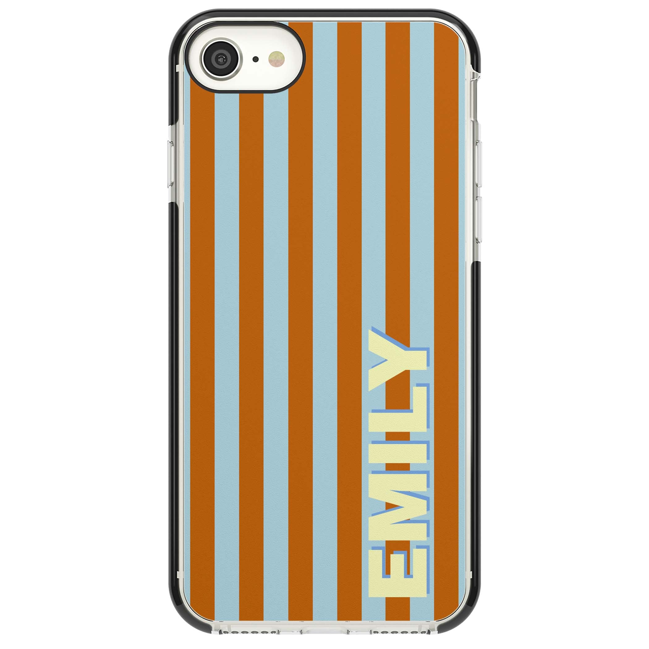 Cappadocia Stripe personalised coastal iPhone case featuring blue and orange vertical stripes with custom cream name | Black Impact case for iPhone SE