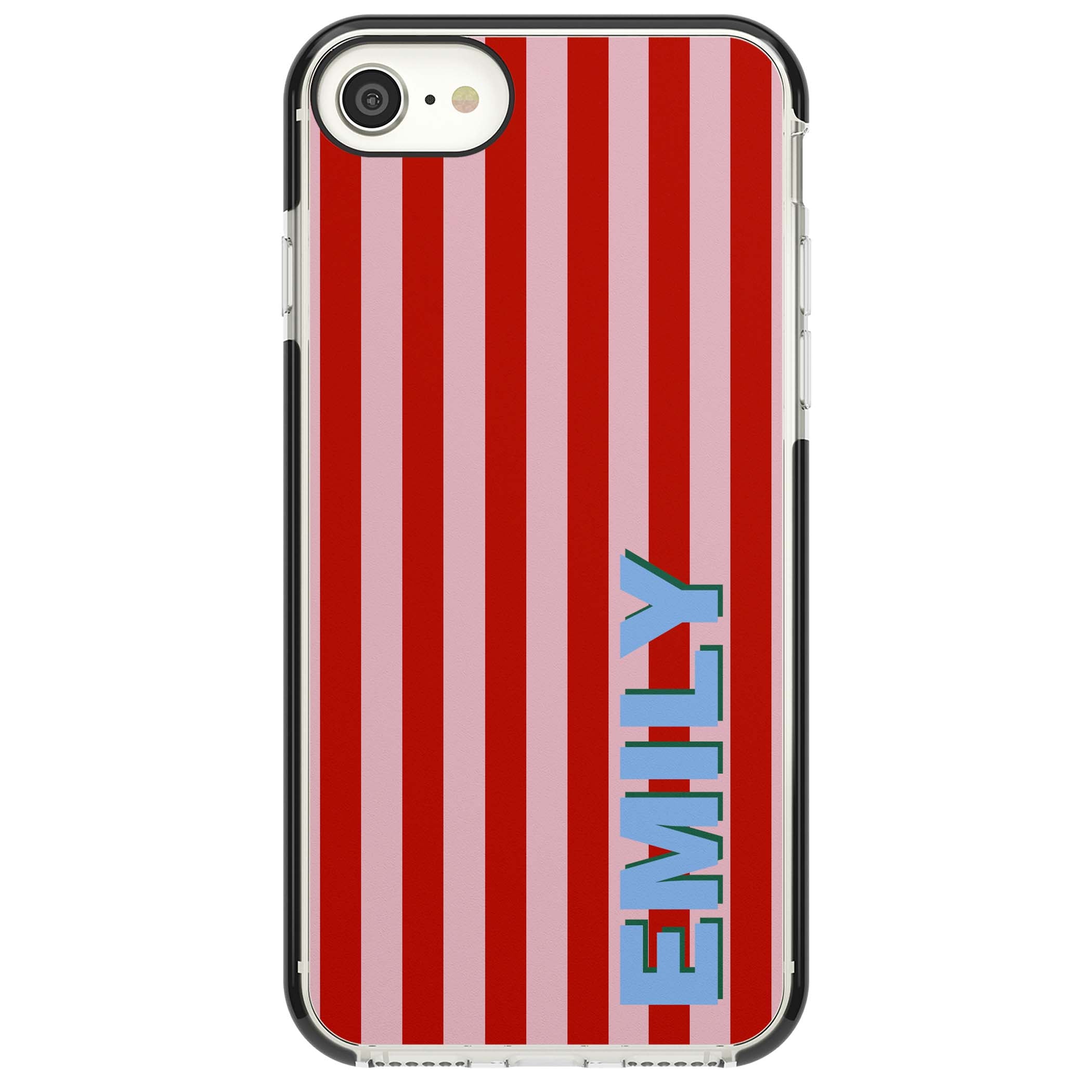 Market Stripe personalised iPhone case with red and pink vertical stripes and custom blue name | Black Impact case for iPhone SE