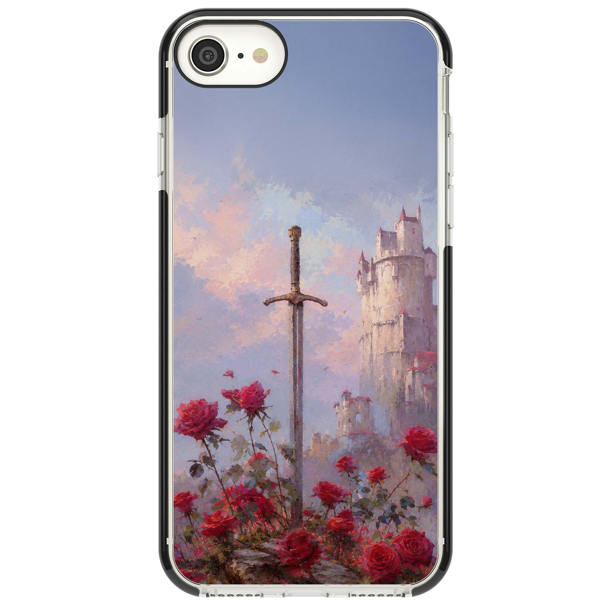 Sword in Roses medieval art iPhone case featuring a sword, red roses, and a misty fairytale castle at sunset | Black Impact case for iPhone SE