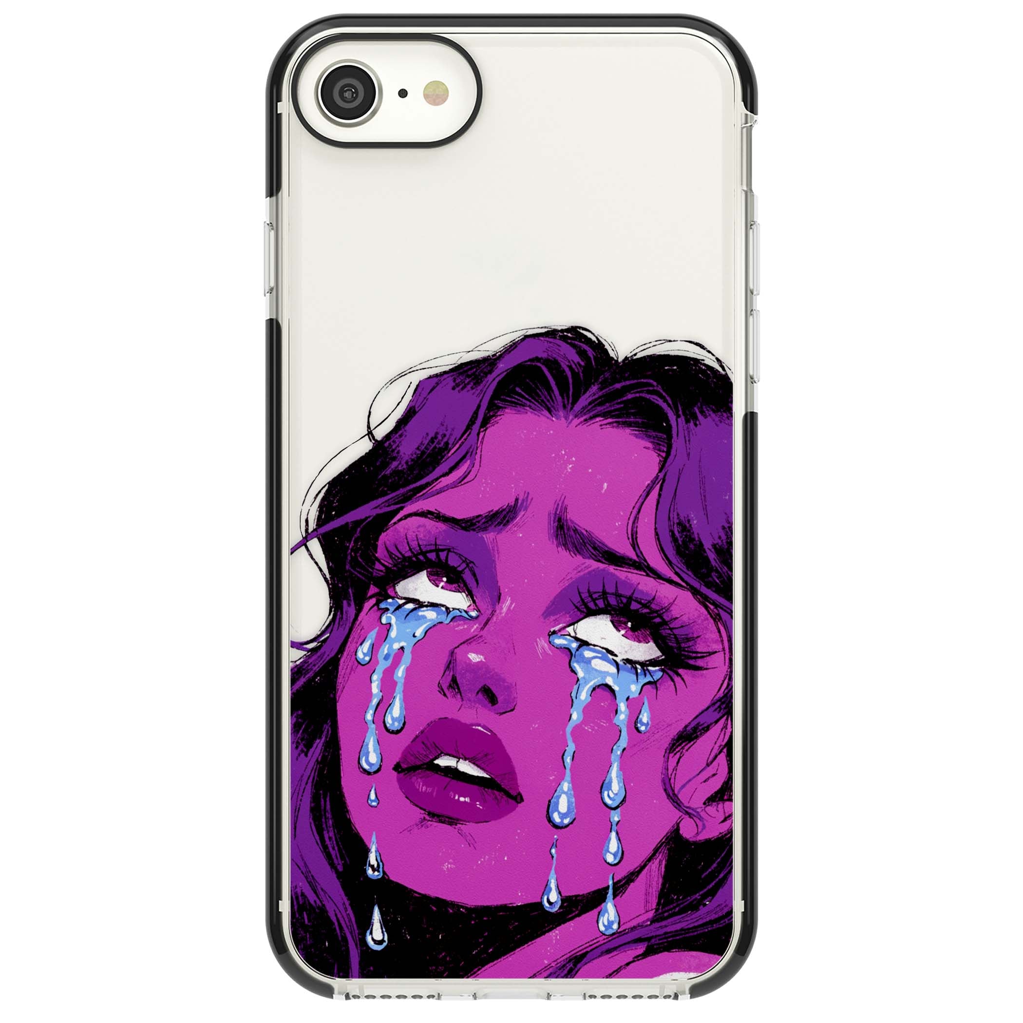 Drama Queen pop art iPhone case featuring a purple crying comic girl with blue tears | Black Impact case for iPhone SE