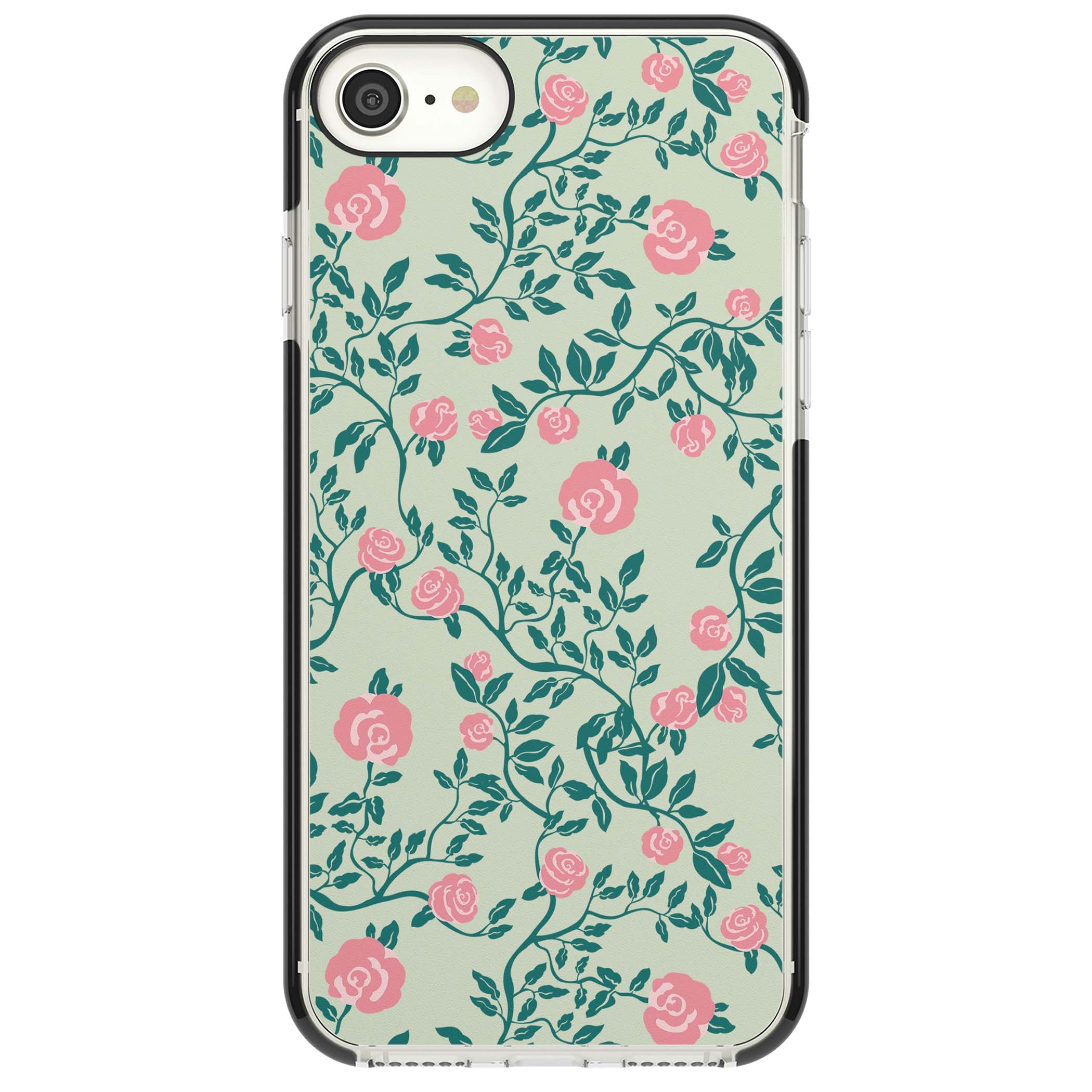 Rose Trellis cottagecore iPhone case featuring pink roses, sage green vines, and mint background | Black Impact case for iPhone SE