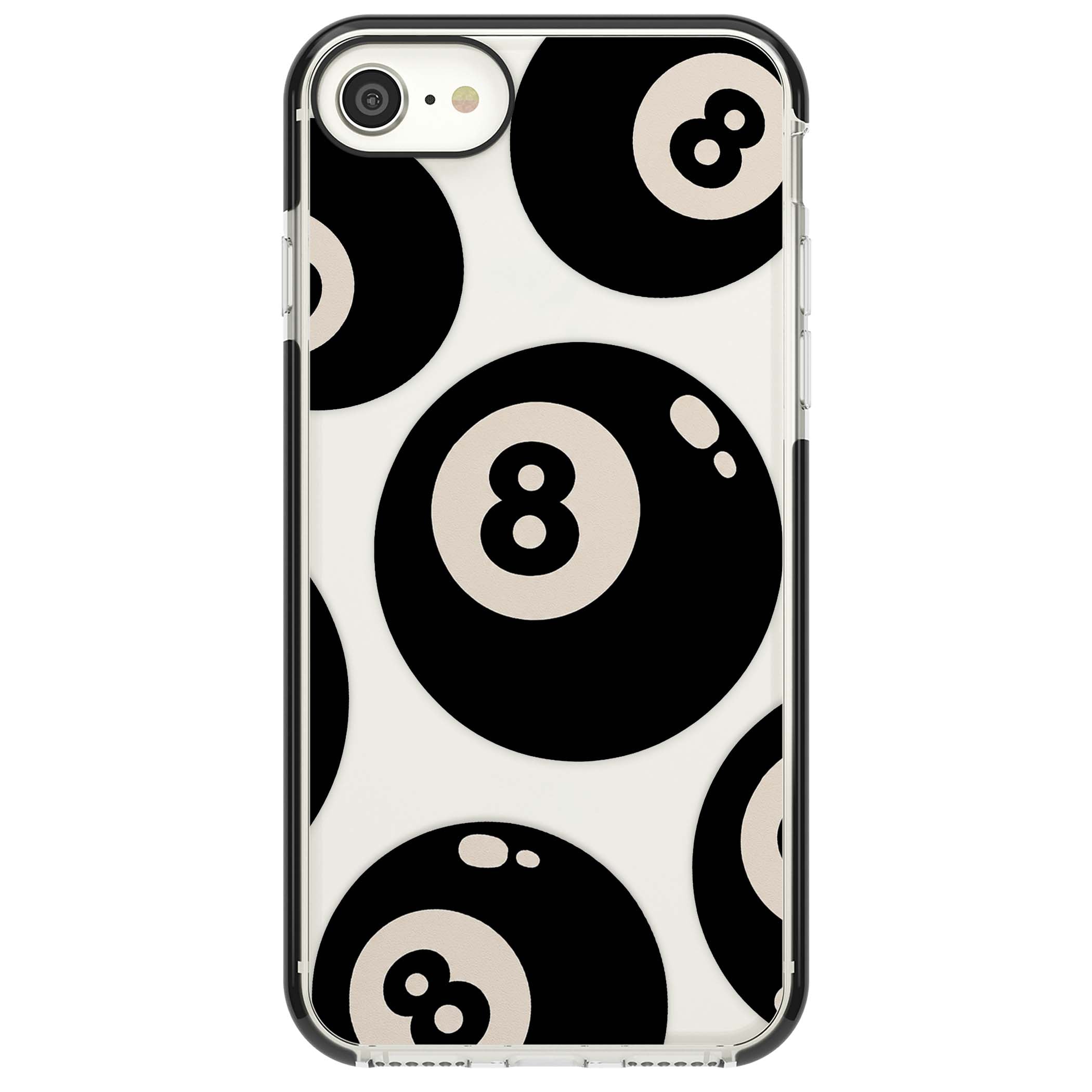 Eights y2k iPhone case featuring scattered black 8 balls with cream highlights on a clear background | Black Impact case for iPhone SE