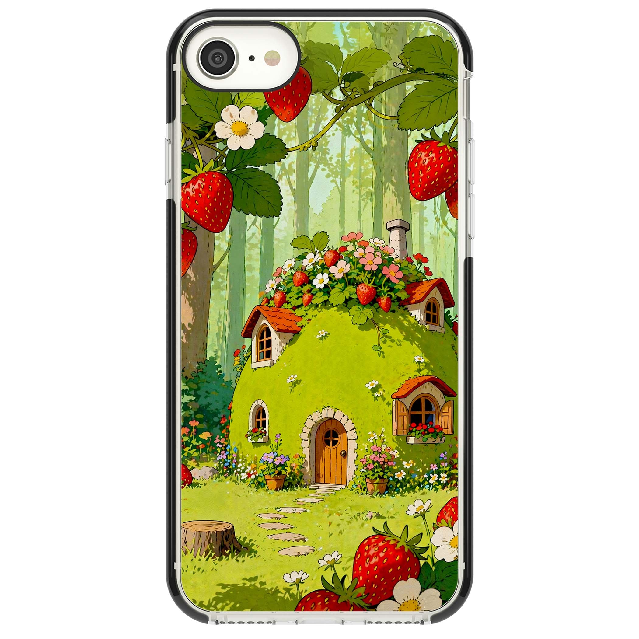 Strawberry Cottage cottagecore iPhone case featuring a green fairy house, wild strawberries and enchanted forest flowers | Black Impact case for iPhone SE