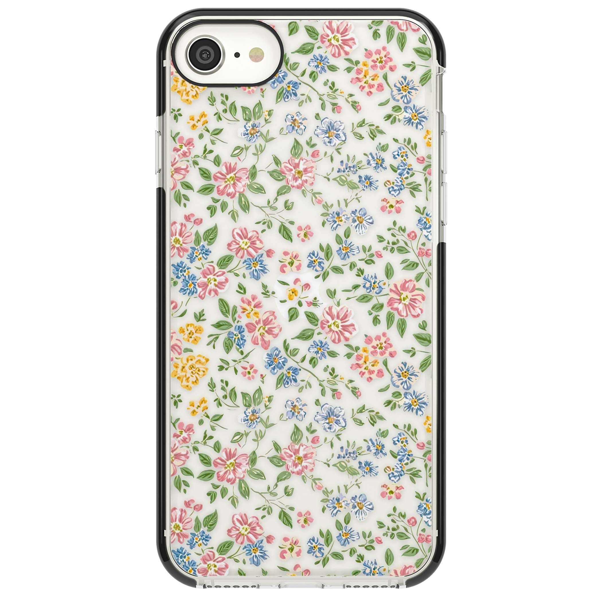Soft Meadow cottagecore iPhone case featuring pink cosmos, blue forget-me-nots, yellow buttercups and green leaves sca | Black Impact case for iPhone SE