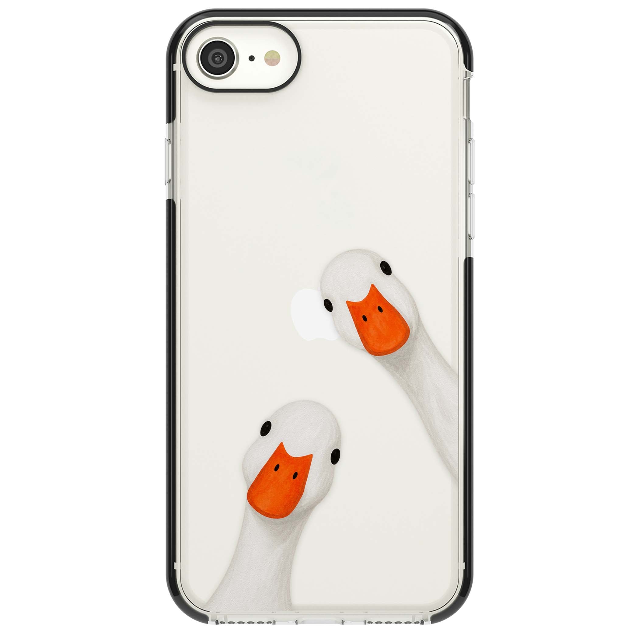 Nosy Ducks cottagecore iPhone case featuring two peeking white ducks with orange beaks on a clear background | Black Impact case for iPhone SE