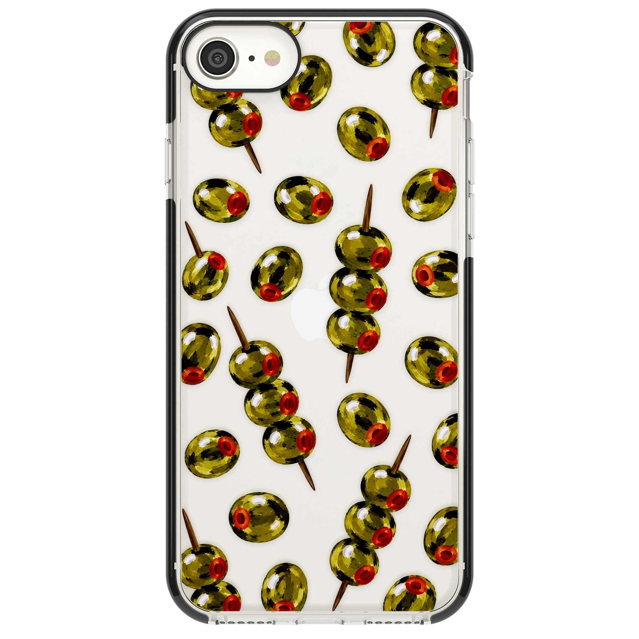 Painted Olives cocktail iPhone case featuring green olives, pimento centres and toothpick skewers on a clear background | Black Impact case for iPhone SE