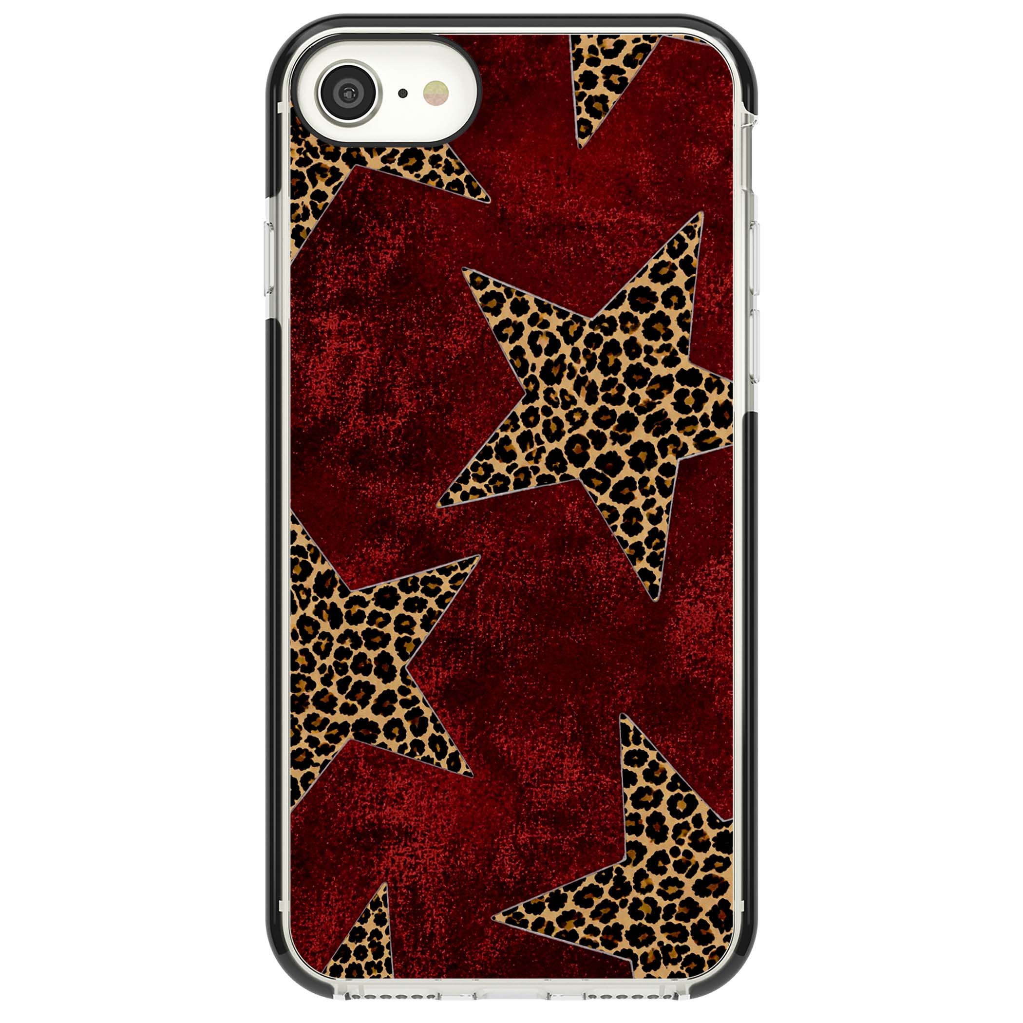 Showgirl leopard print iPhone case featuring cheetah print stars on distressed red grunge background | Black Impact case for iPhone SE