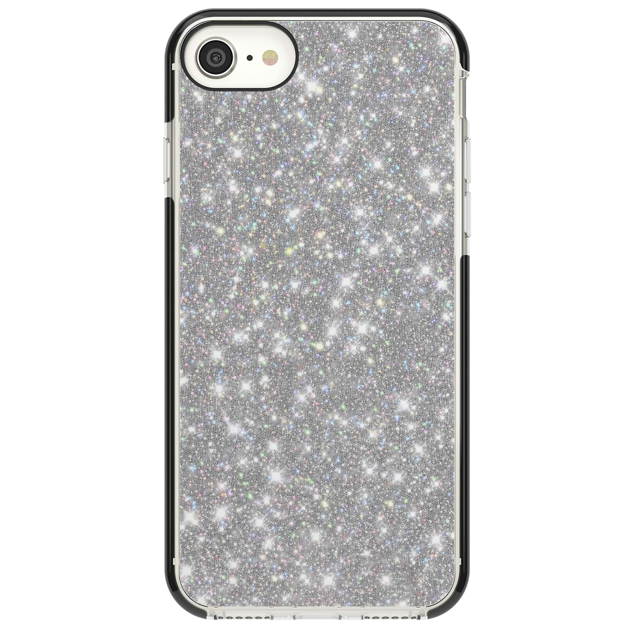 Diamond glam iPhone case featuring silver glitter sparkle and shimmering diamond dust effect | Black Impact case for iPhone SE