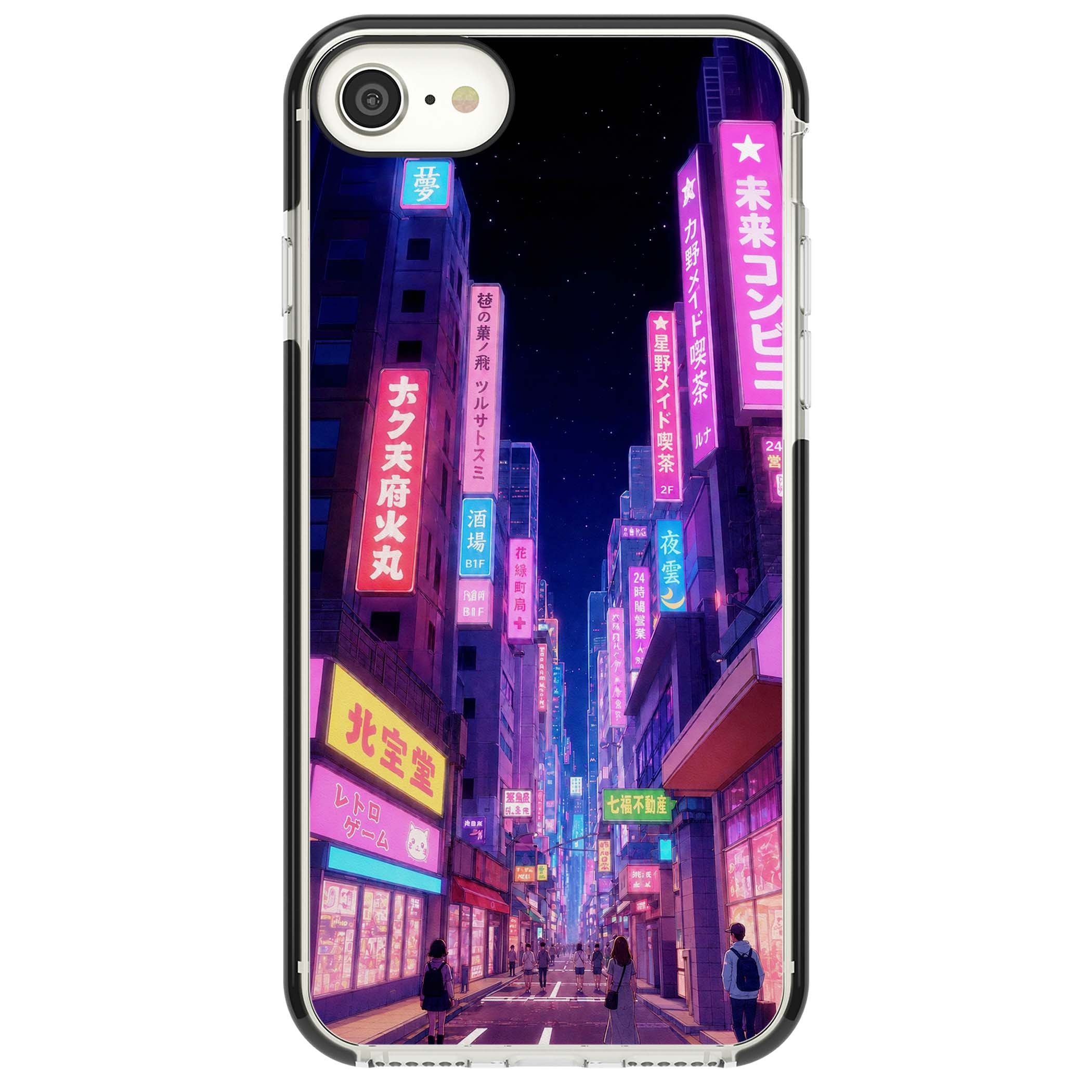 Shibuya At Night Japanese neon city iPhone case featuring glowing kanji signs, pink storefronts and a Tokyo street at n | Black Impact case for iPhone SE
