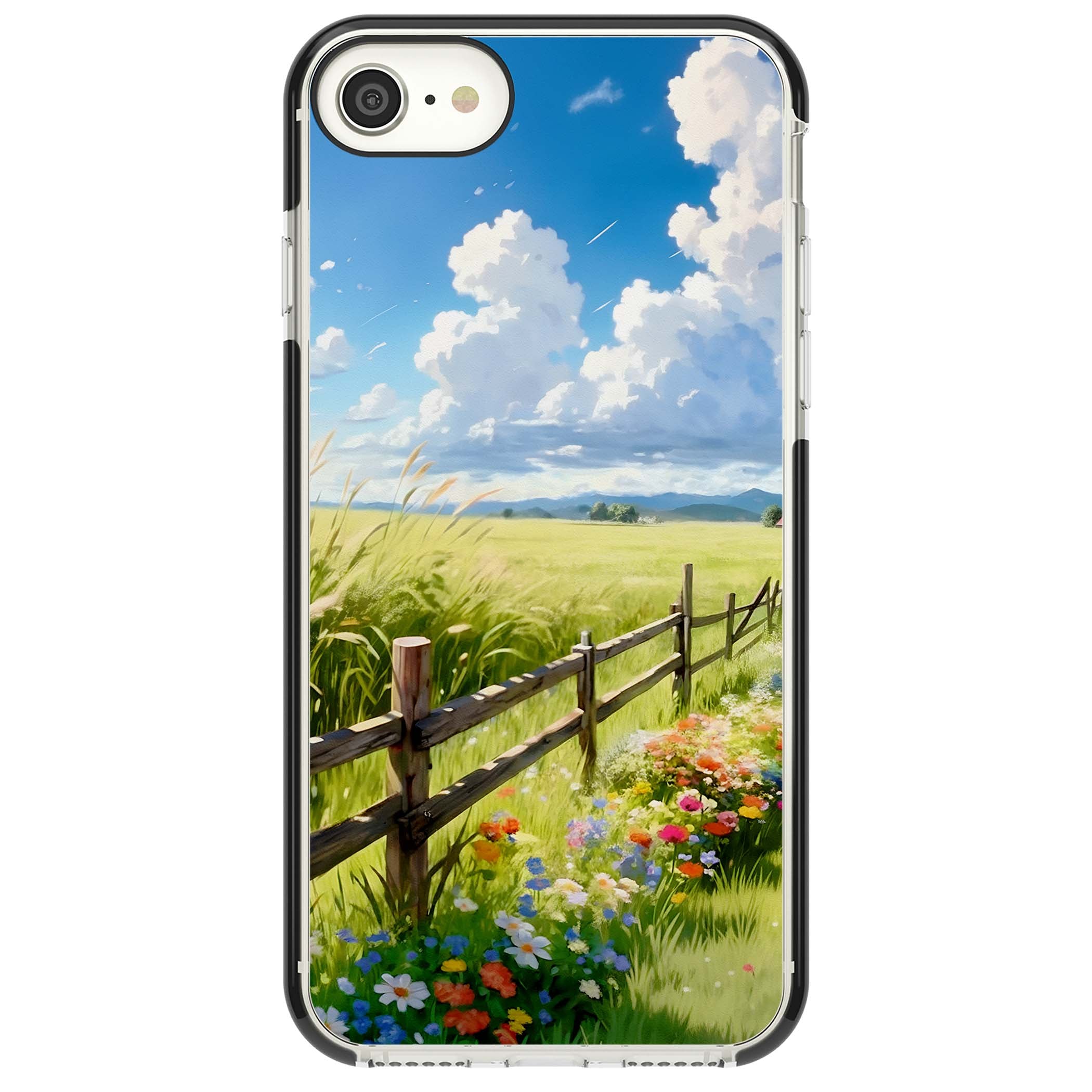 A Countryside Afternoon cottagecore iPhone case featuring a painted countryside meadow, wooden fence, and wildflowers beneath | Black Impact case for iPhone SE