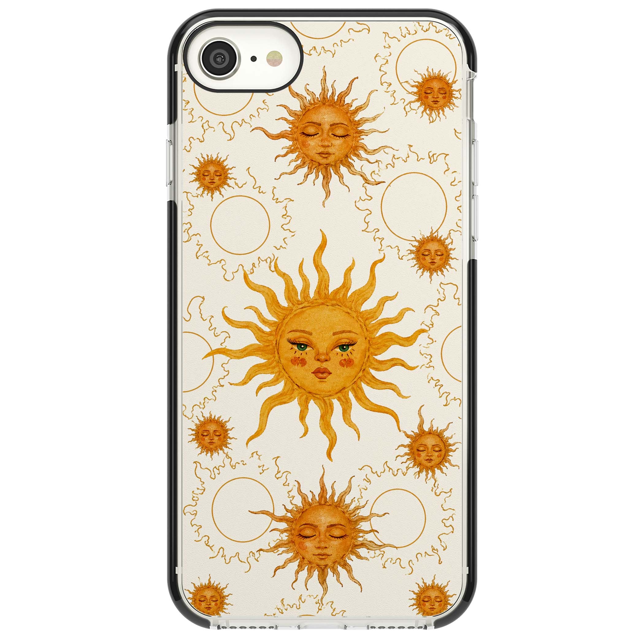 Solstice Muse celestial iPhone case featuring hand-painted golden sun faces, closed-eye sun goddesses and outlined moons... | Black Impact case for iPhone SE