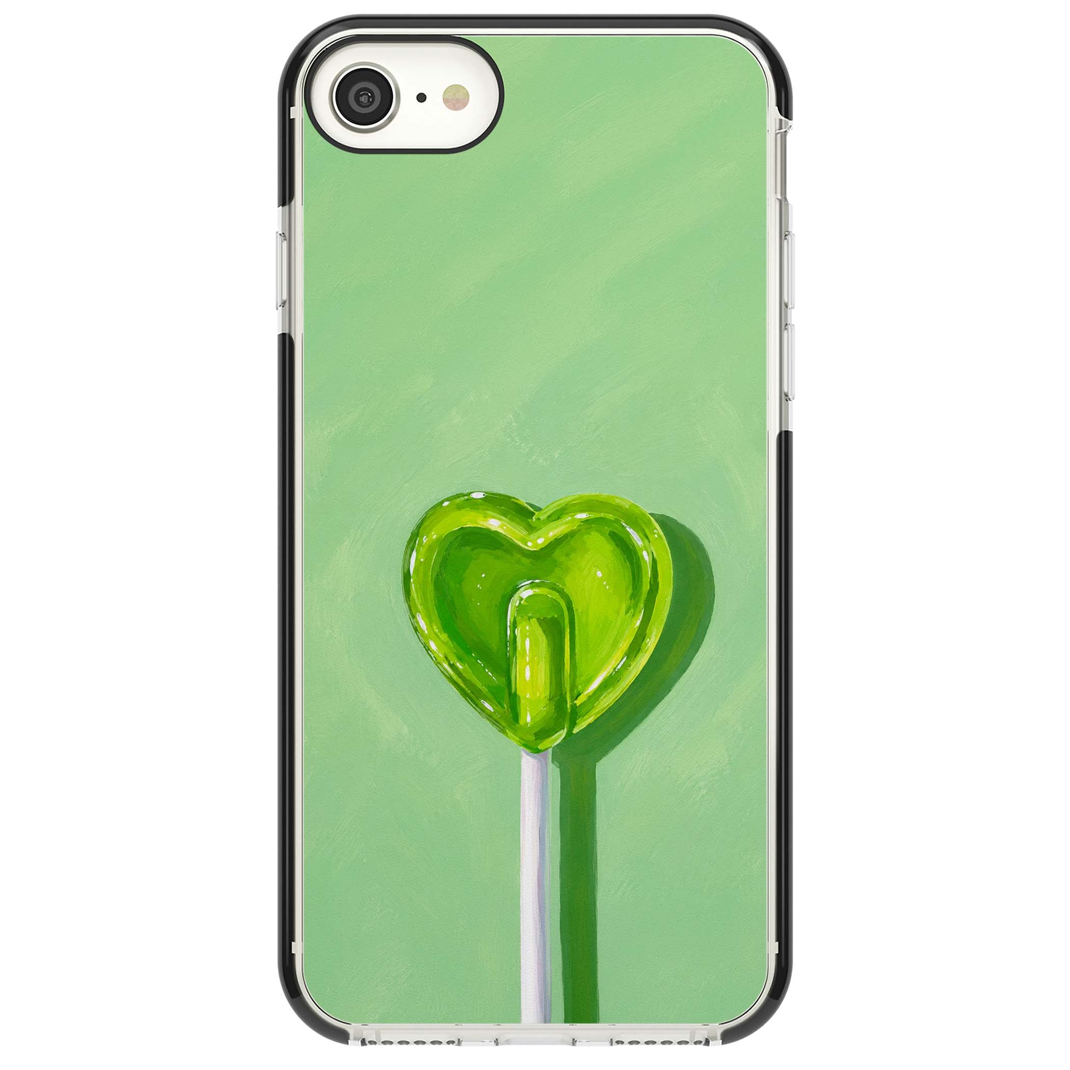 Green Lollipop candy art iPhone case featuring a glossy green heart-shaped lollipop on a painted pastel green background | Black Impact case for iPhone SE