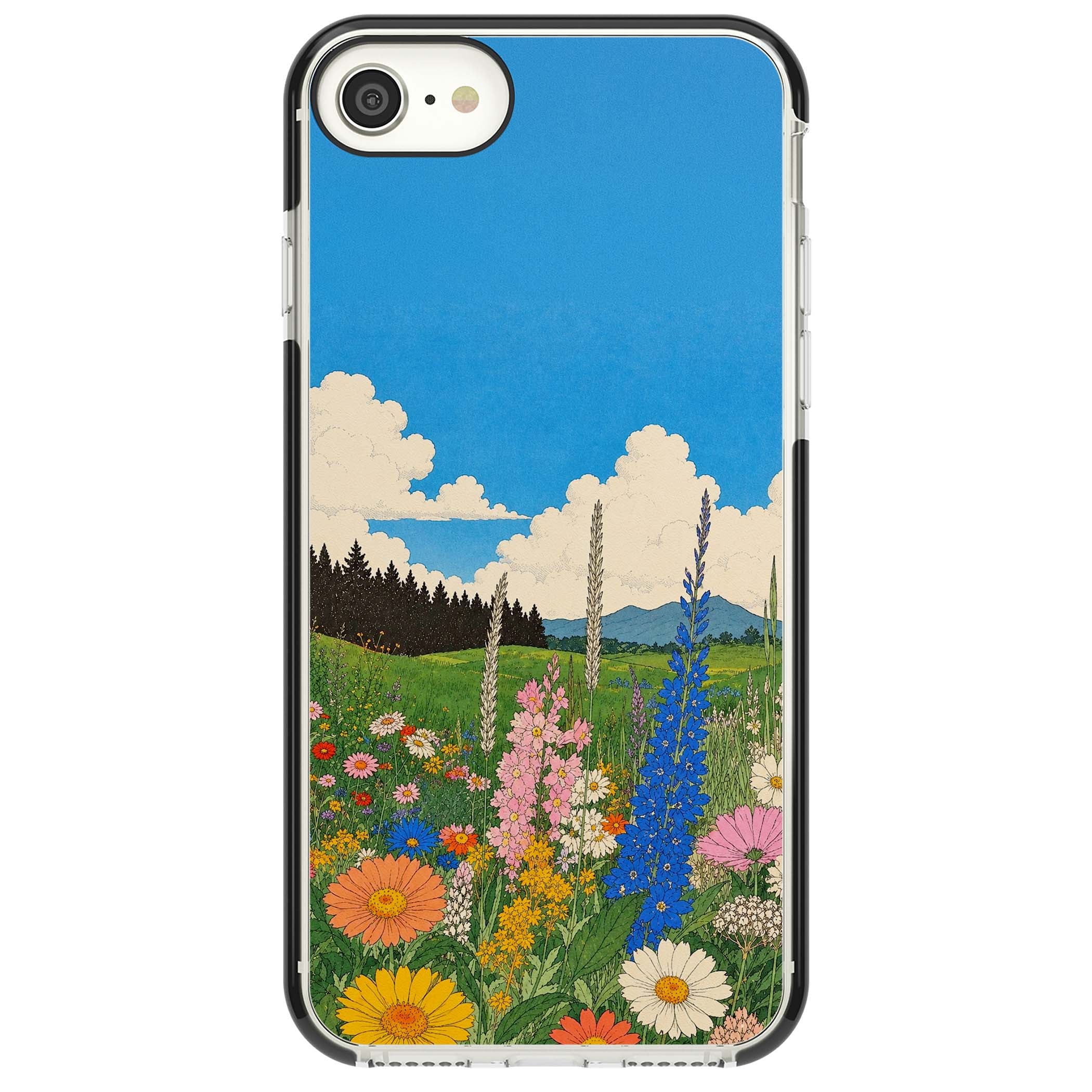 Wildbloom wildflower iPhone case featuring a vintage Japanese-style meadow landscape with daisies, delphiniums and moun | Black Impact case for iPhone SE