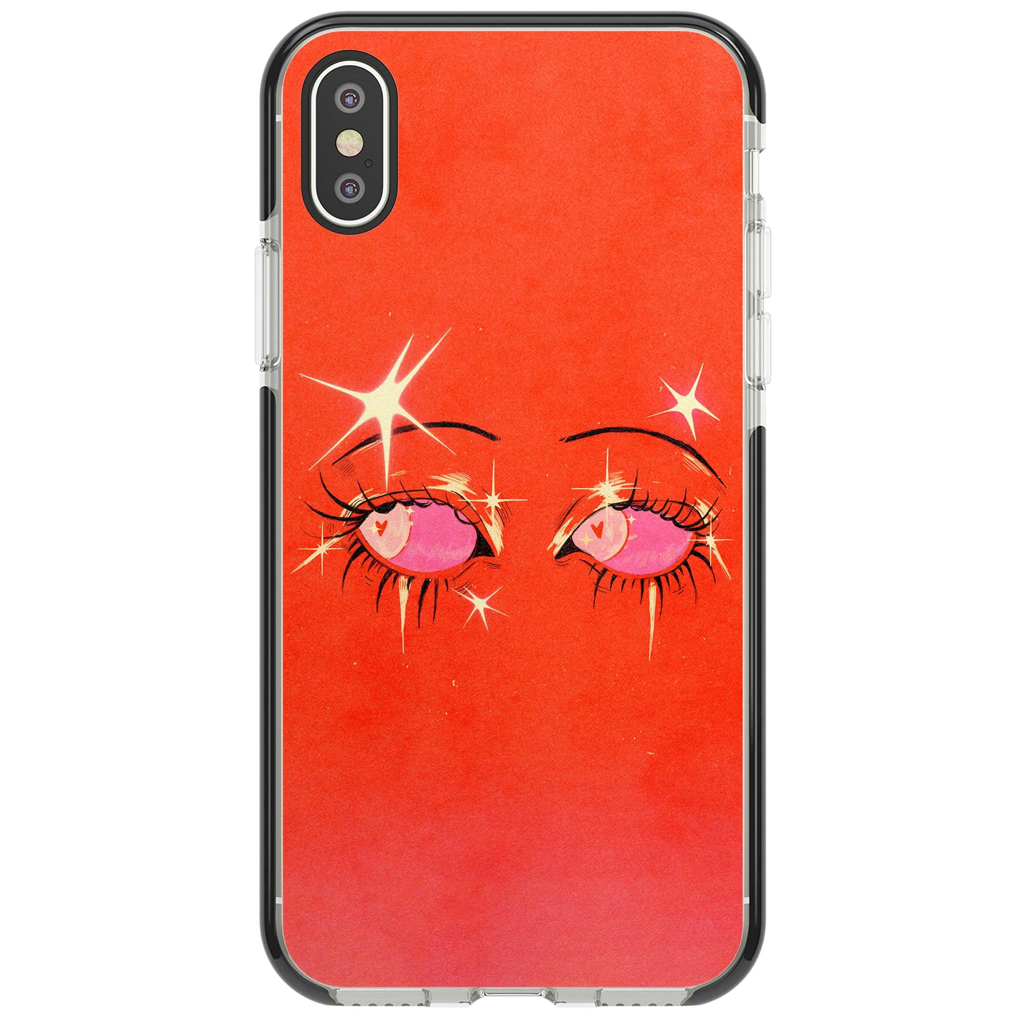 Pink Ethereal Eyes anime iPhone case featuring hand-drawn sparkly eyes with pink hearts and gold stars on red | Black Impact case for iPhone X, iPhone XS Max, iPhone XR
