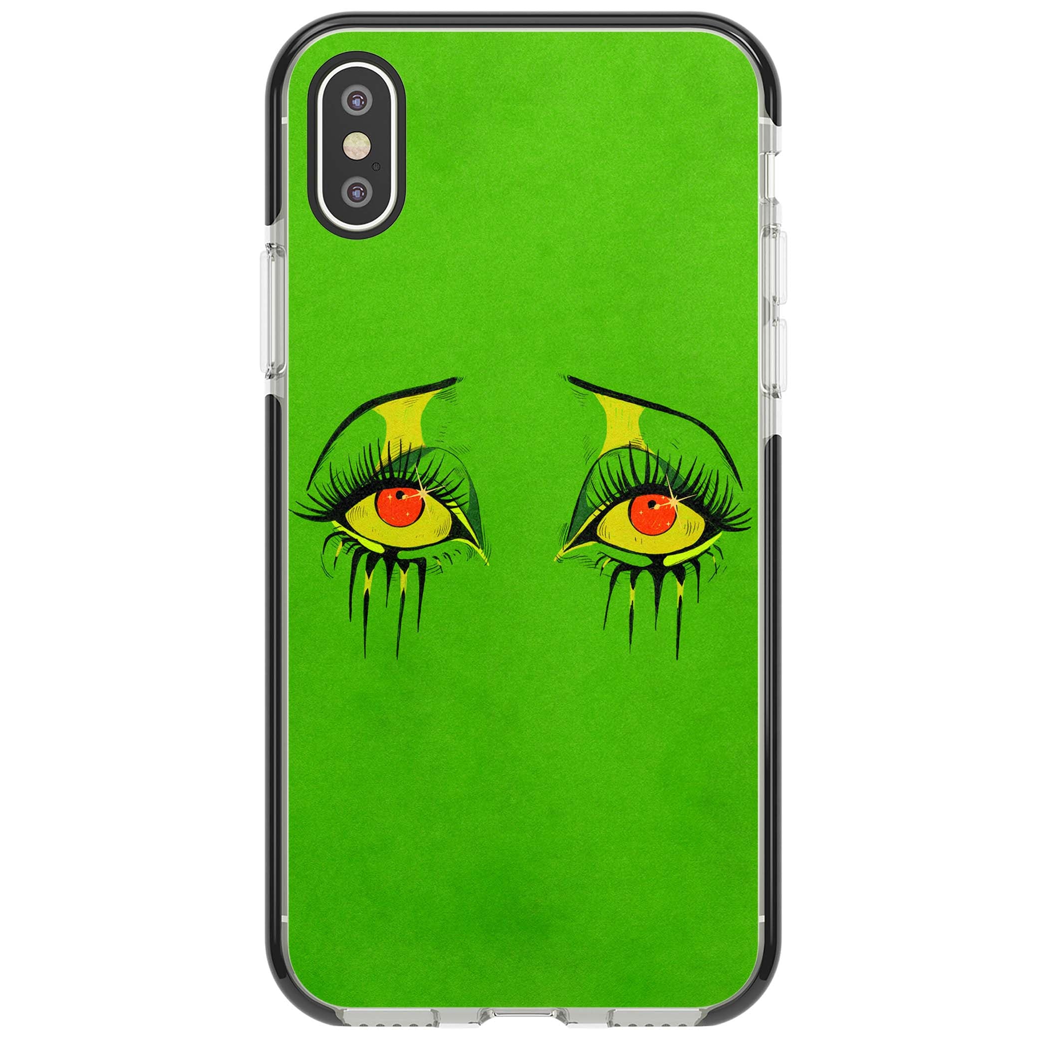 Green Enchanted Eyes psychedelic art iPhone case featuring hand-drawn dripping eyes on neon green background | Black Impact case for iPhone X, iPhone XS Max, iPhone XR
