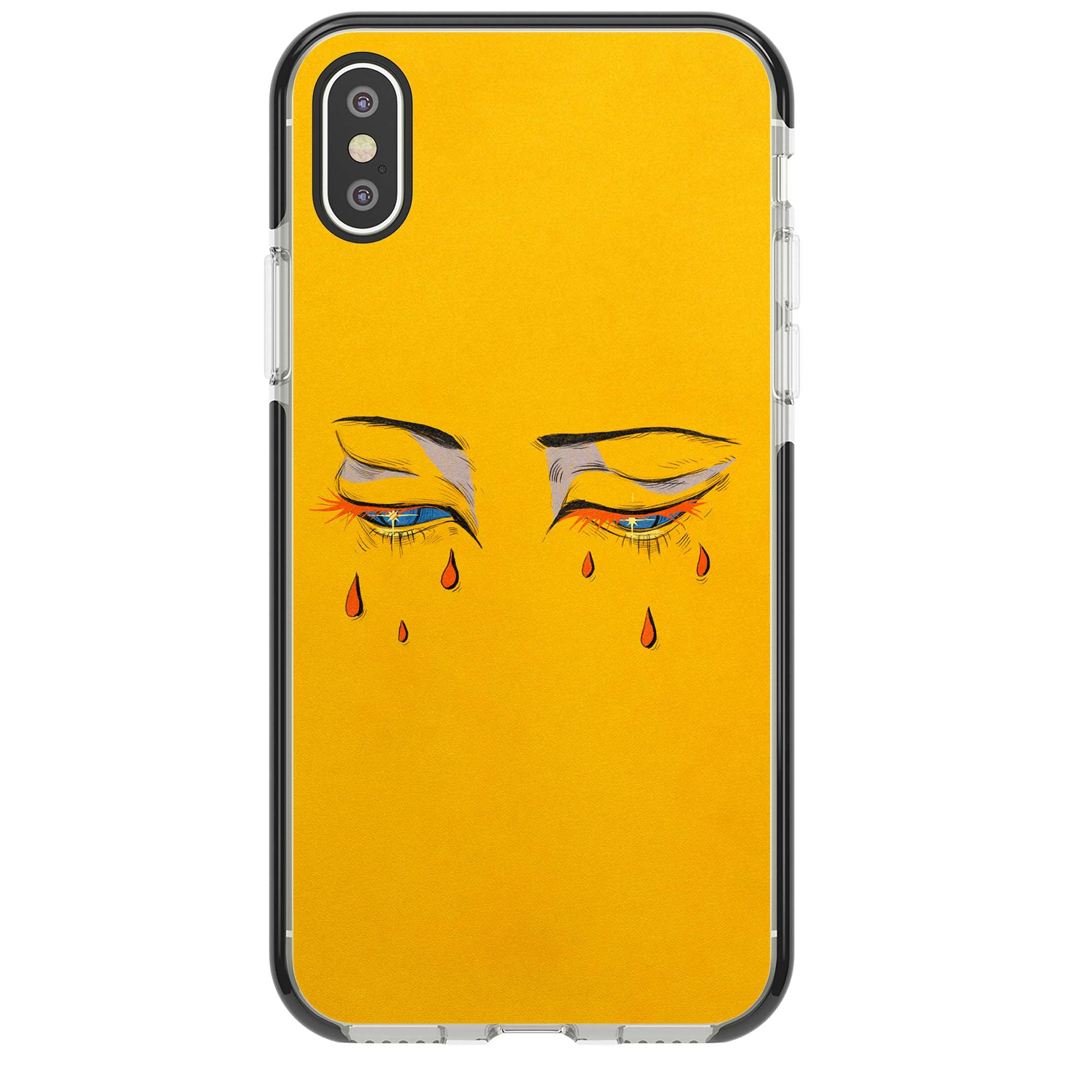 Yellow Tearful Eyes indie iPhone case featuring hand-drawn crying eyes with orange tears on a yellow background | Black Impact case for iPhone X, iPhone XS Max, iPhone XR