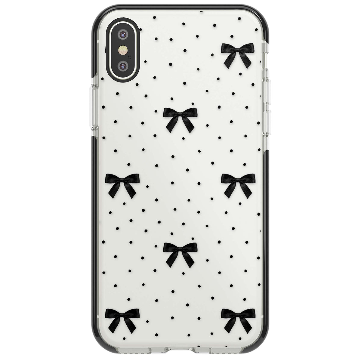 Black Polka Bows coquette iPhone case featuring scattered black satin bows and tiny polka dots on a clear base | Black Impact case for iPhone X, iPhone XS Max, iPhone XR