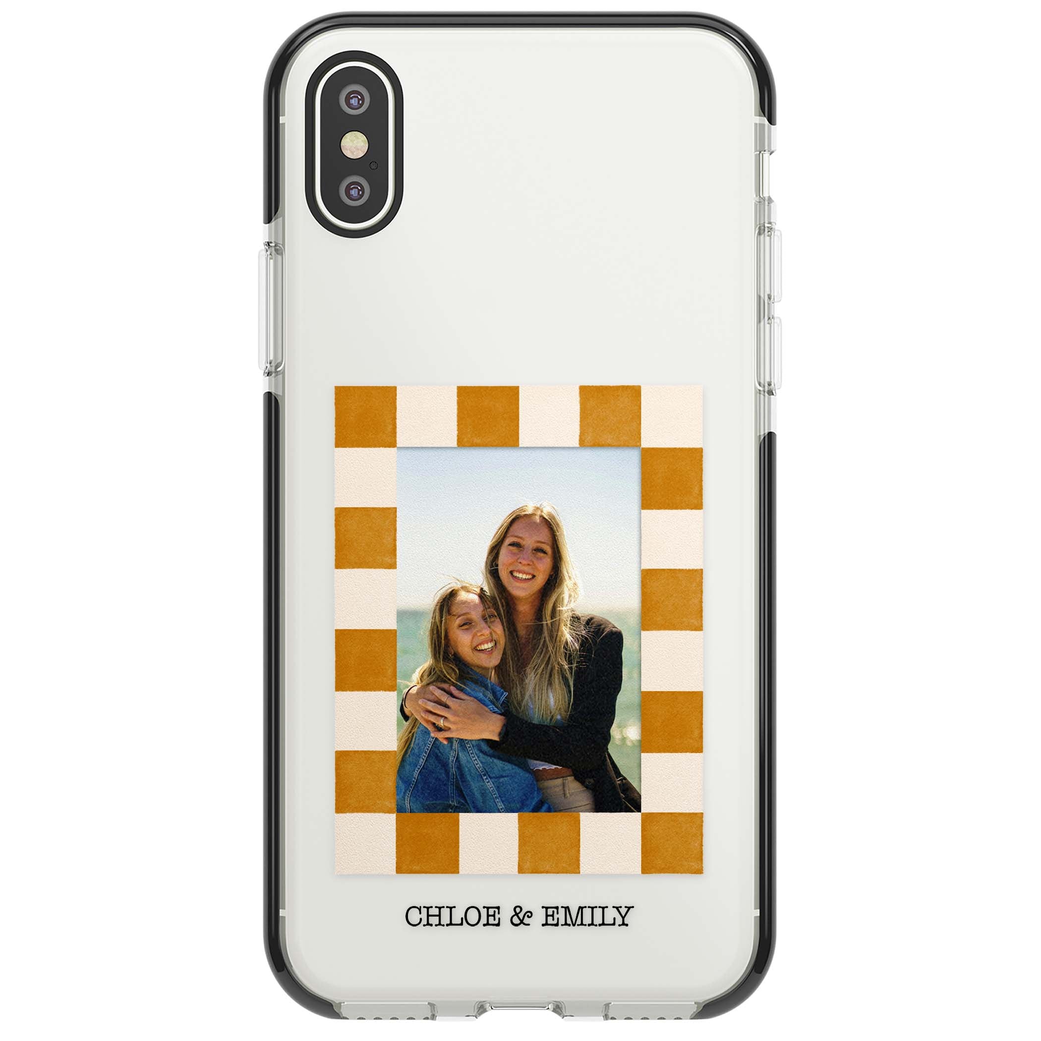 Citrus Check Photo personalised iPhone case with custom photo, orange checkered frame and names underneath | Black Impact case for iPhone X, iPhone XS Max, iPhone XR