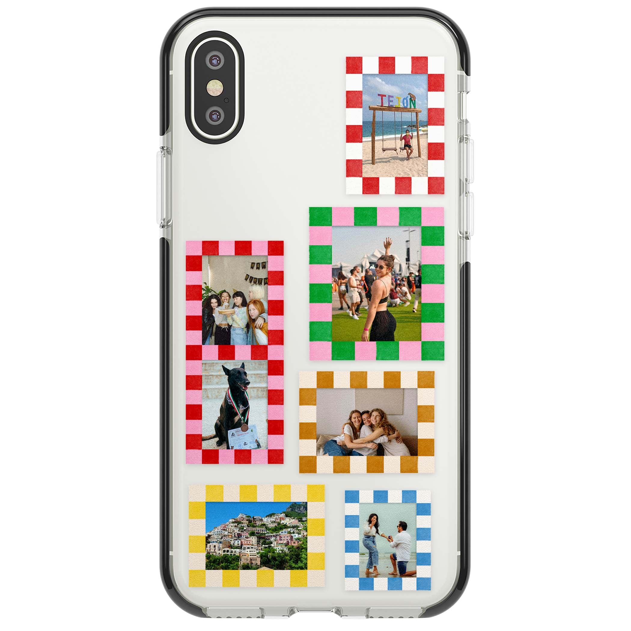 Italian Check Frames custom photo collage iPhone case featuring six checkered photo frames in red, green, pink and | Black Impact case for iPhone X, iPhone XS Max, iPhone XR