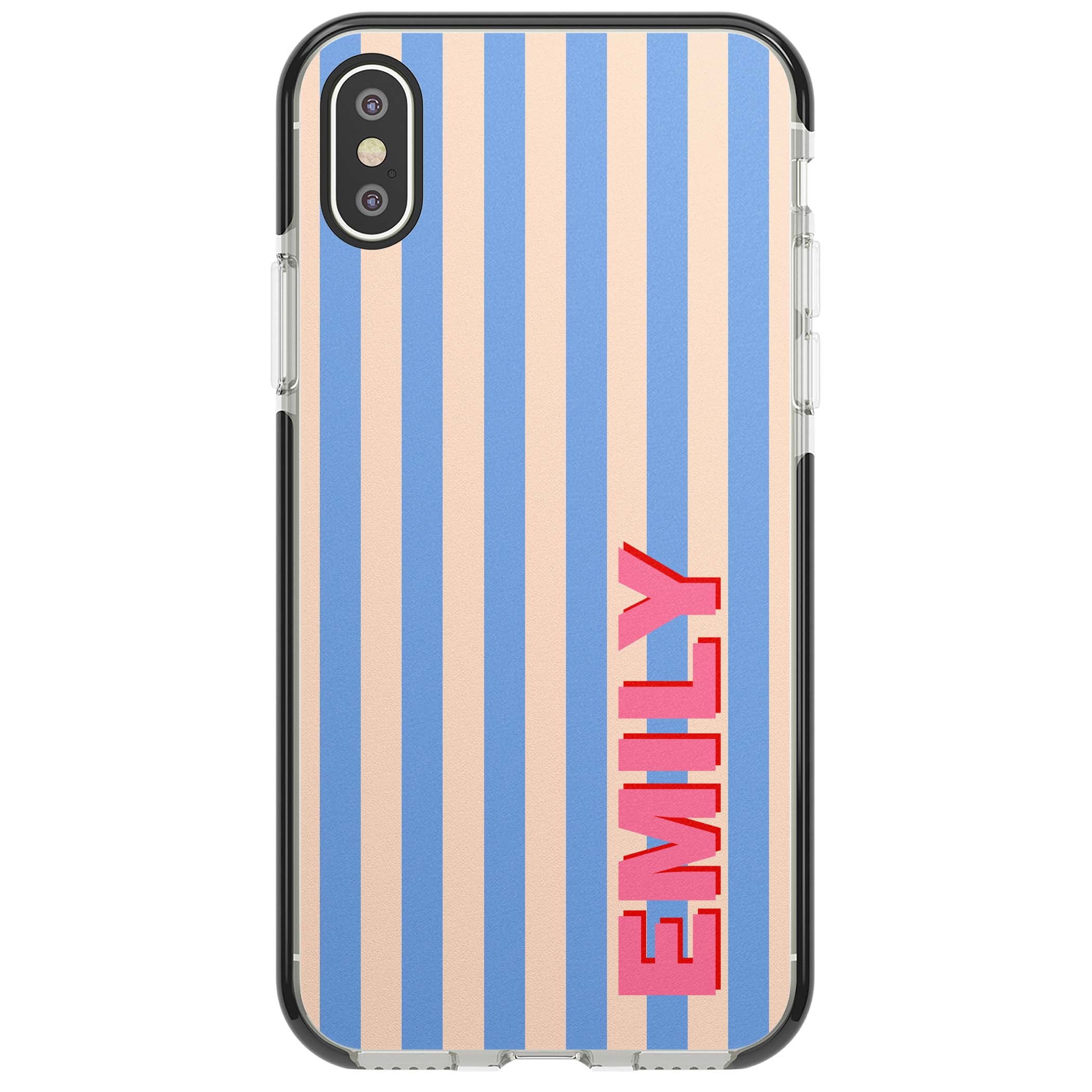 Coastal Stripe personalised coastal iPhone case with blue and peach vertical stripes and custom pink name | Black Impact case for iPhone X, iPhone XS Max, iPhone XR