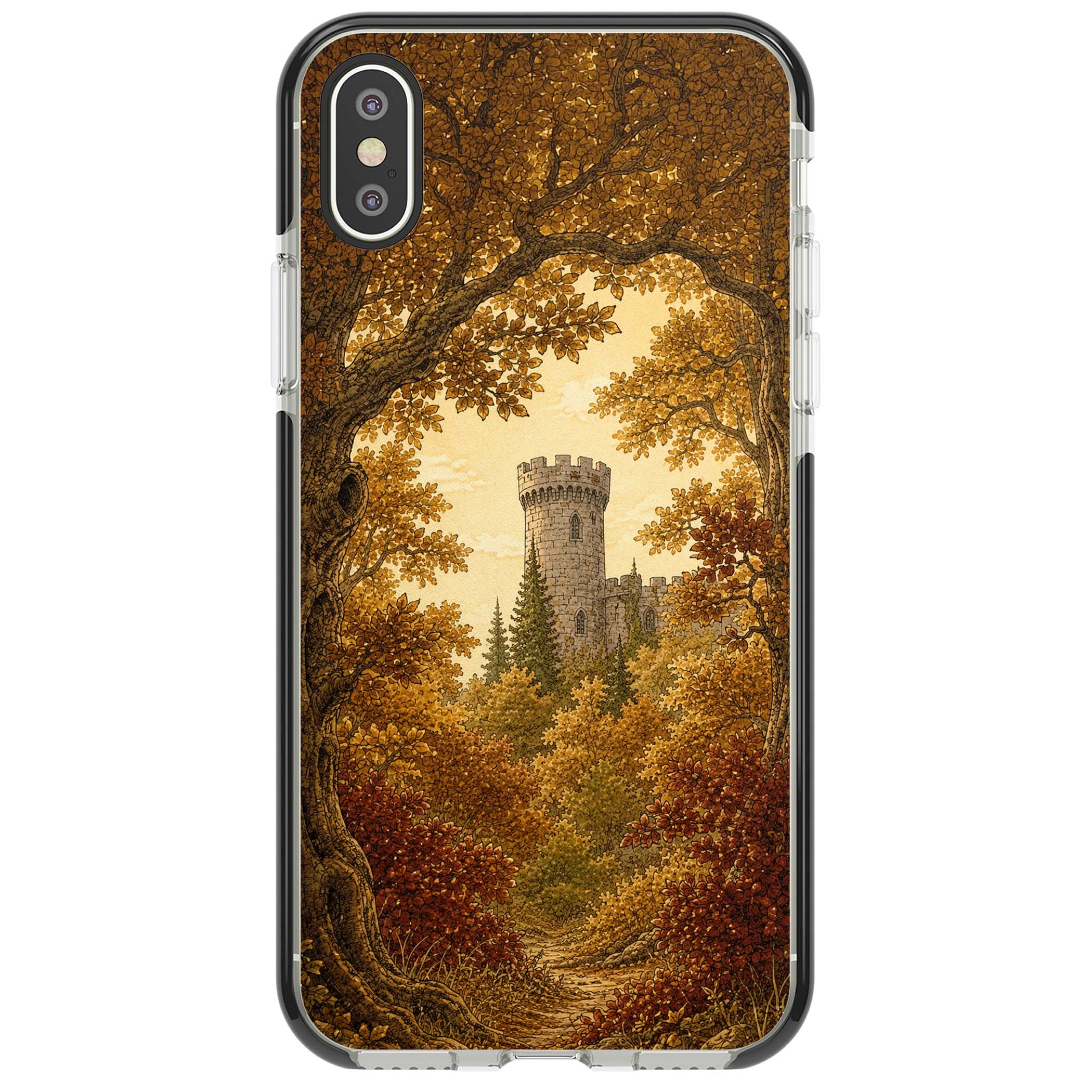 Autumn Keep cottagecore iPhone case featuring a medieval castle tower framed by golden autumn trees and woodland foliage | Black Impact case for iPhone X, iPhone XS Max, iPhone XR