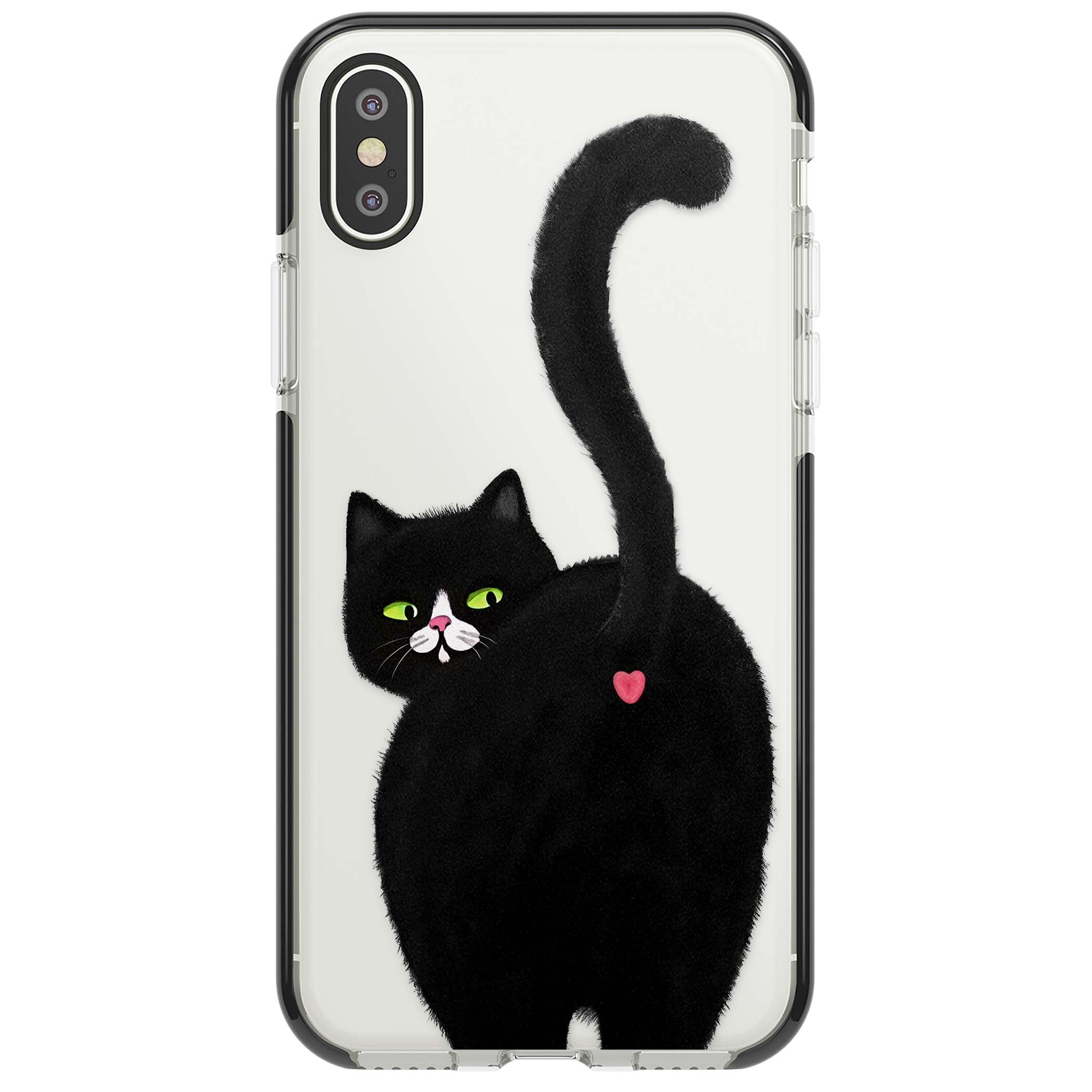 The Cat's Kiss cute cat iPhone case featuring a hand-painted tuxedo kitty with green eyes and a pink heart on a clear | Black Impact case for iPhone X, iPhone XS Max, iPhone XR