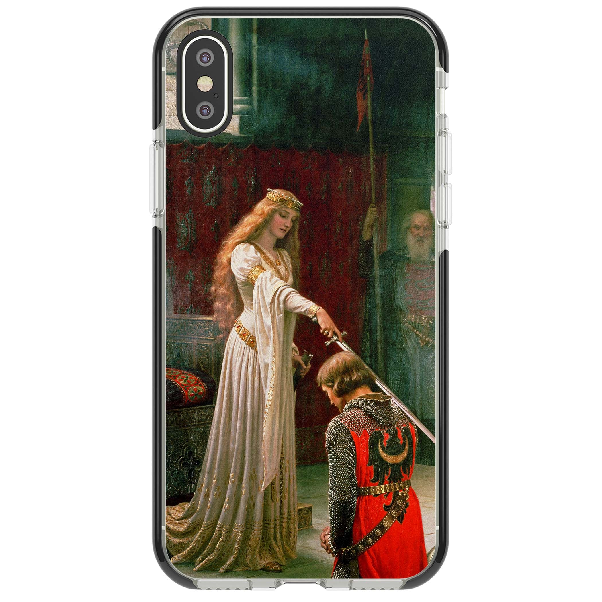 The Accolade renaissance art iPhone case featuring Edmund Blair Leighton's painting of a queen knighting a kneeling knight | Black Impact case for iPhone X, iPhone XS Max, iPhone XR