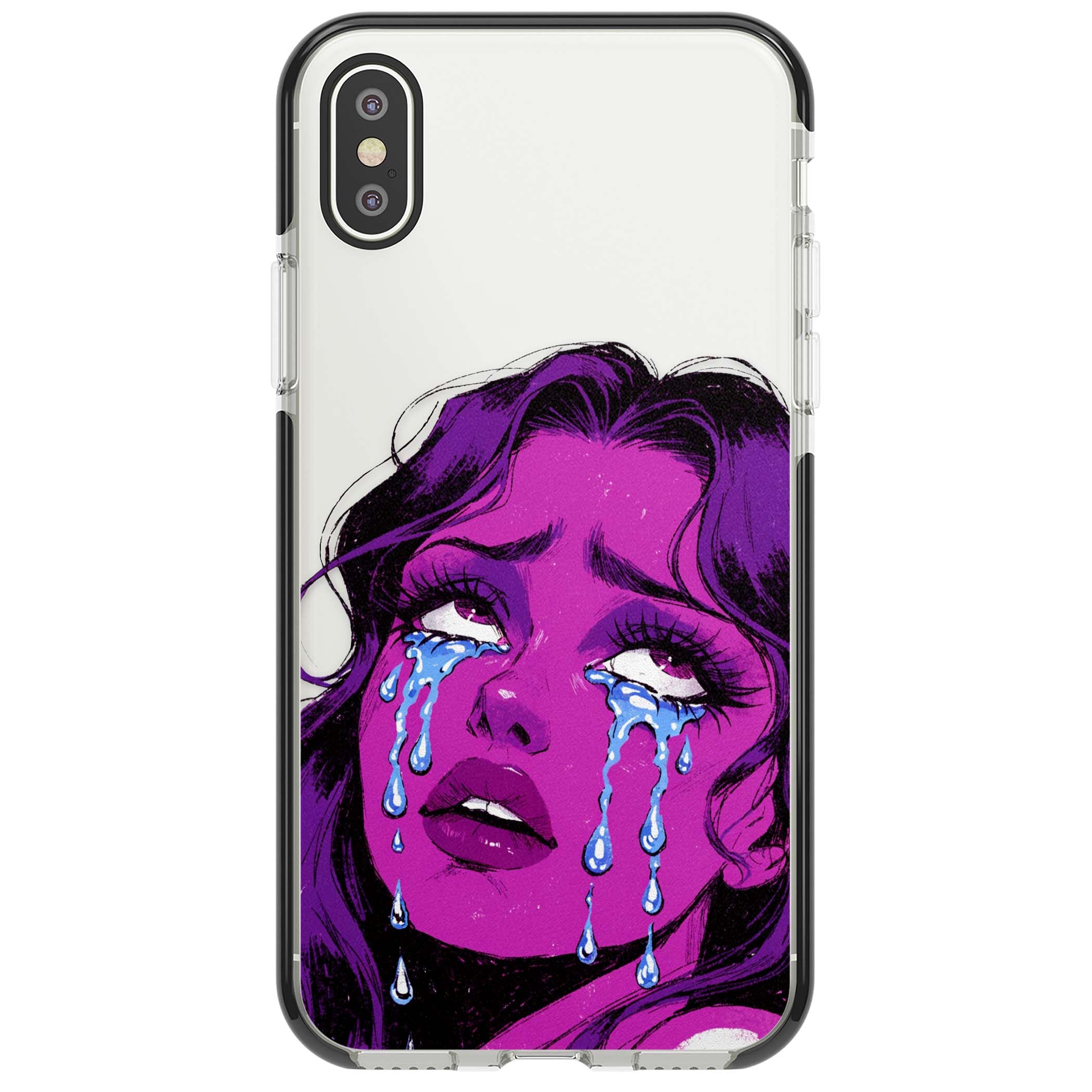 Drama Queen pop art iPhone case featuring a purple crying comic girl with blue tears | Black Impact case for iPhone X, iPhone XS Max, iPhone XR