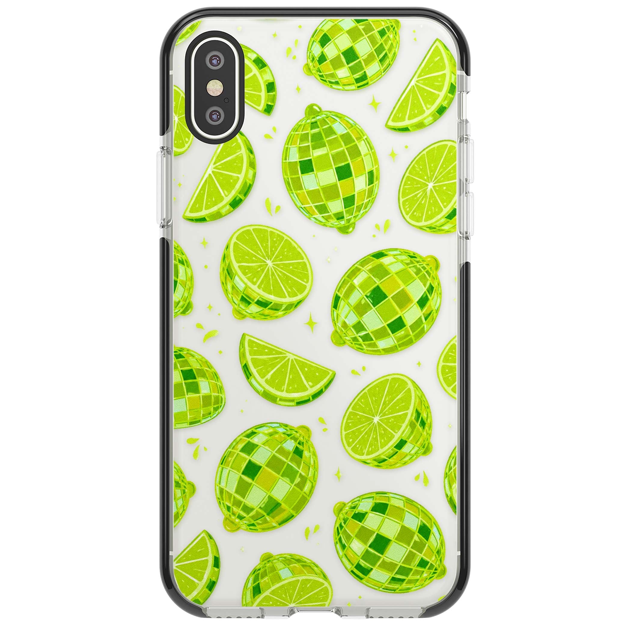 Disco Limes fruit aesthetic iPhone case featuring green disco balls, lime slices and citrus sparkles | Black Impact case for iPhone X, iPhone XS Max, iPhone XR