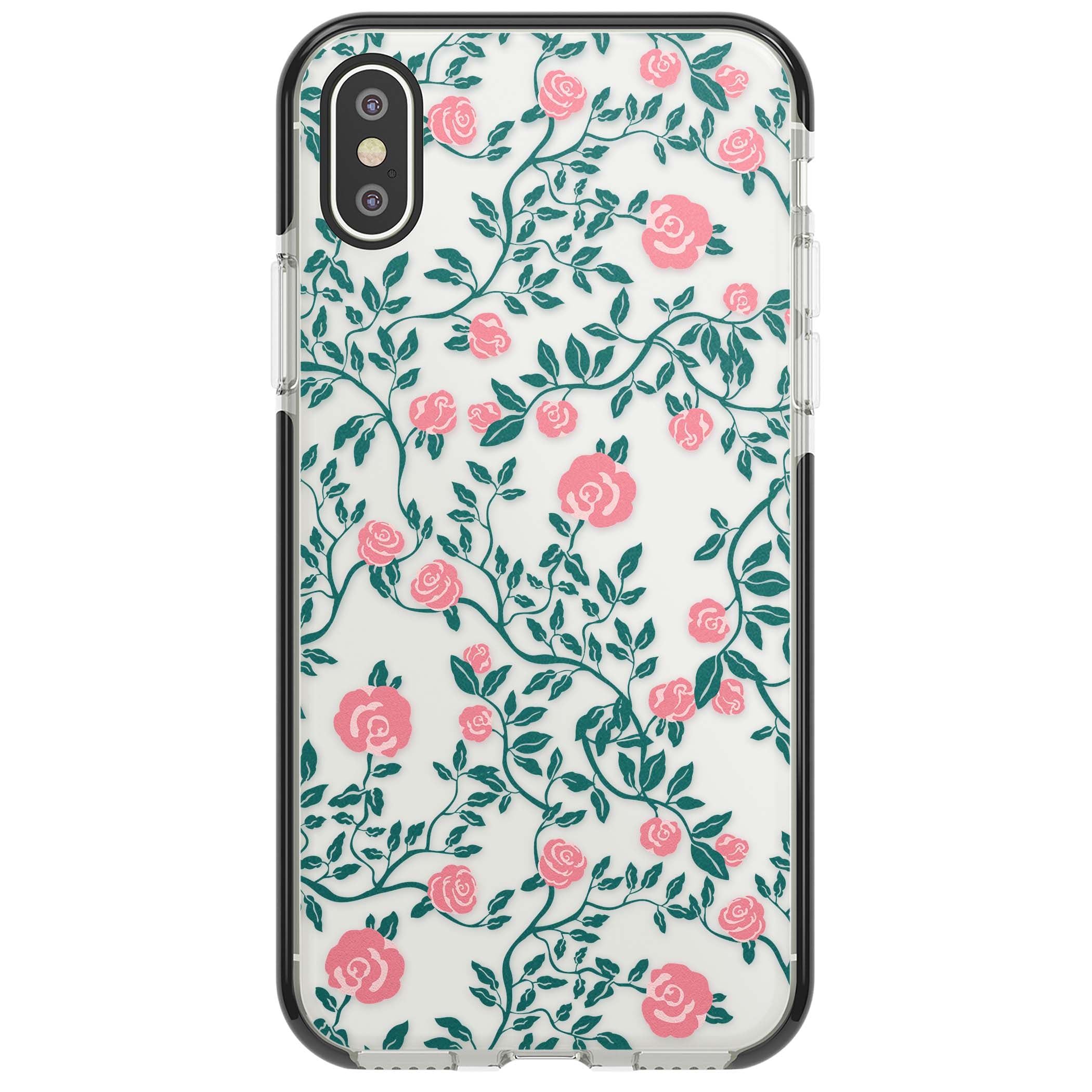 Rose Trellis (Clear) cottagecore iPhone case featuring pink climbing roses and green leaves on clear background | Black Impact case for iPhone X, iPhone XS Max, iPhone XR