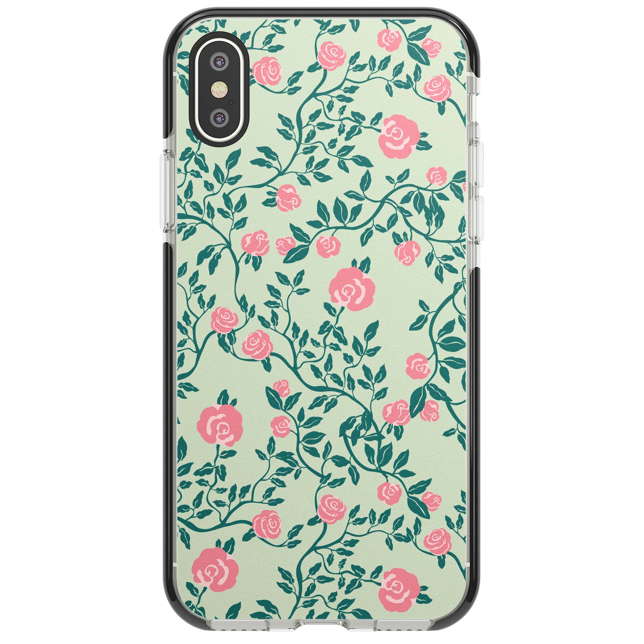 Rose Trellis cottagecore iPhone case featuring pink roses, sage green vines, and mint background | Black Impact case for iPhone X, iPhone XS Max, iPhone XR