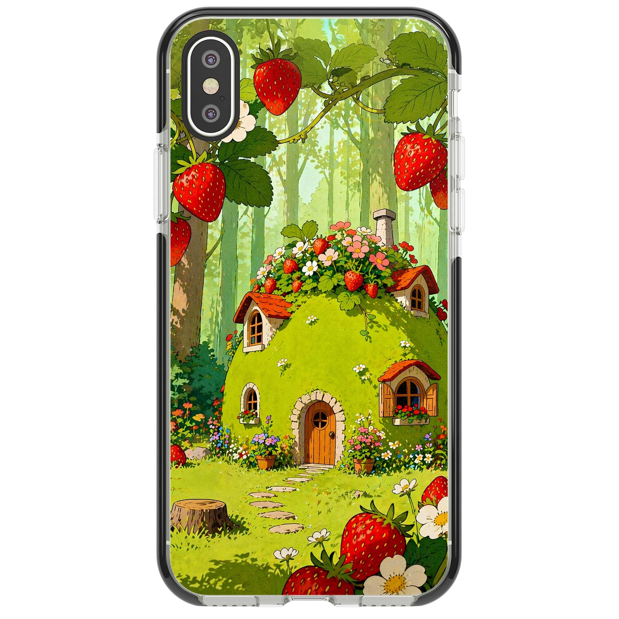 Strawberry Cottage cottagecore iPhone case featuring a green fairy house, wild strawberries and enchanted forest flowers | Black Impact case for iPhone X, iPhone XS Max, iPhone XR