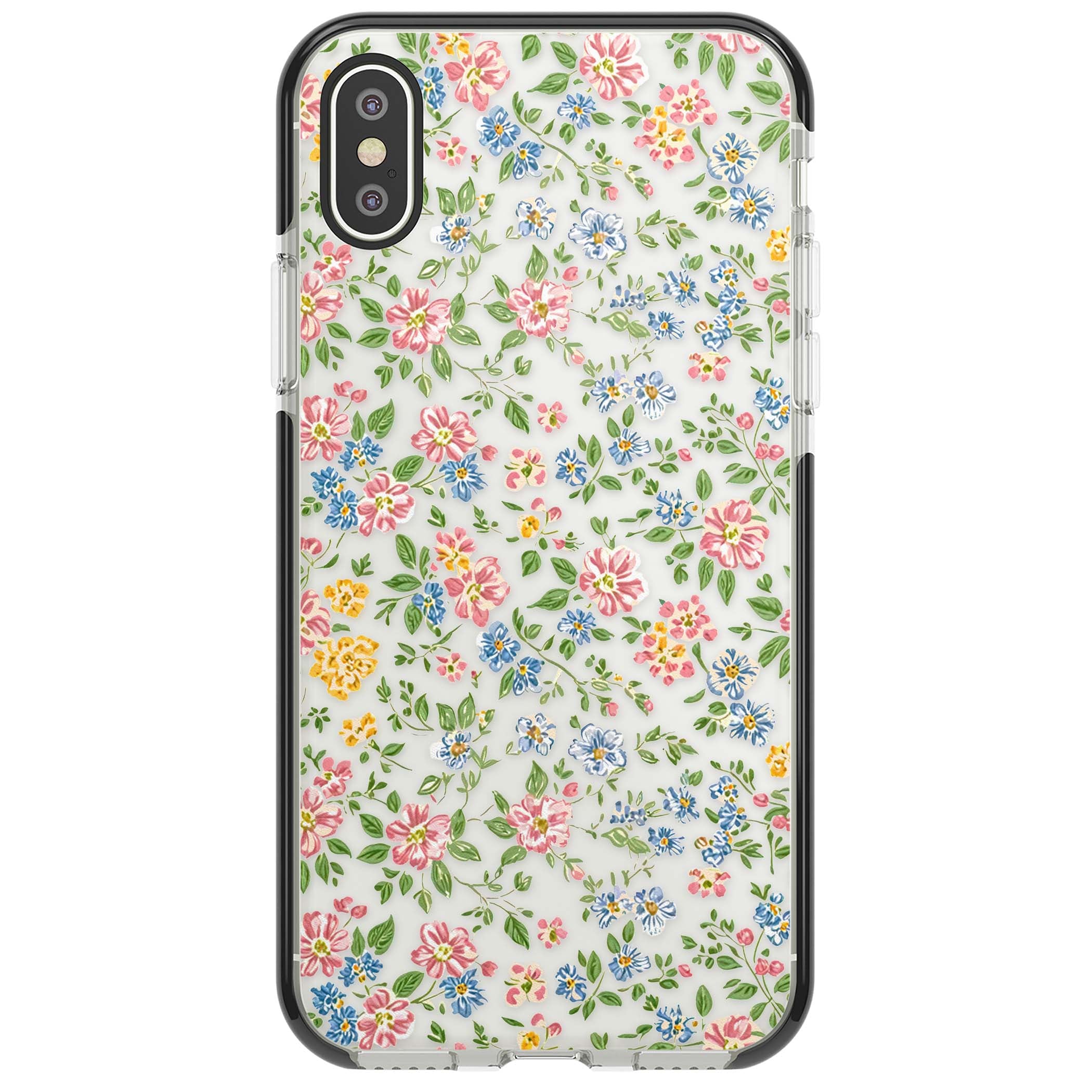 Soft Meadow cottagecore iPhone case featuring pink cosmos, blue forget-me-nots, yellow buttercups and green leaves sca | Black Impact case for iPhone X, iPhone XS Max, iPhone XR