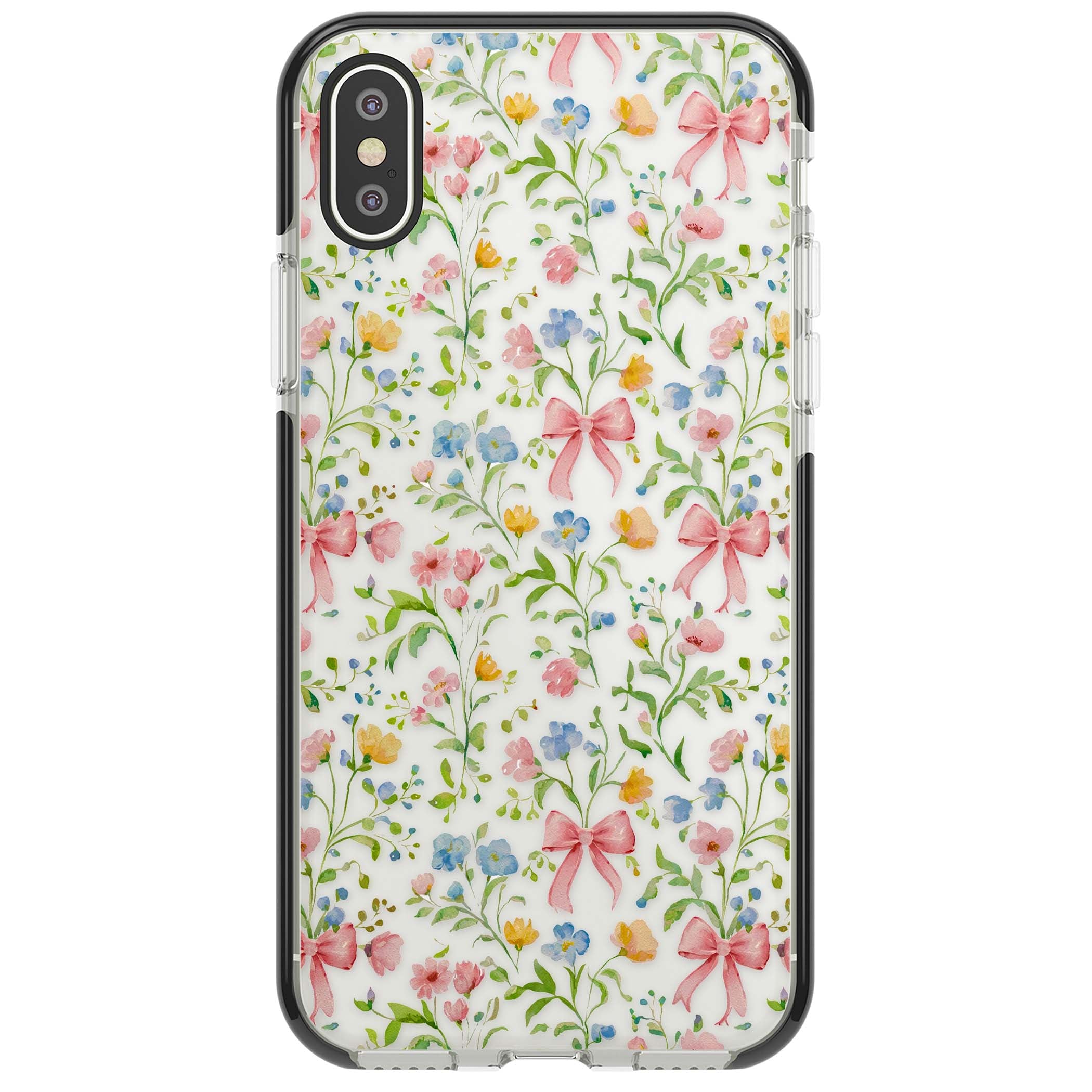 Ribbons & Wildflowers cottagecore iPhone case featuring watercolor wildflowers, pink satin bows, and delicate spring blooms o | Black Impact case for iPhone X, iPhone XS Max, iPhone XR