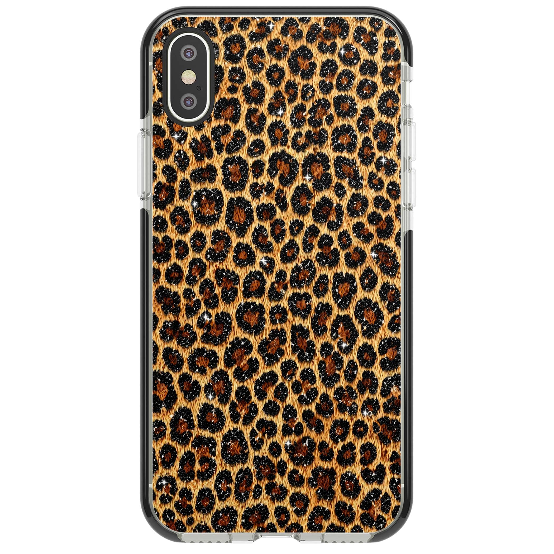 Diamond Leopard leopard print iPhone case featuring golden tan fur, black rosette spots and subtle glitter sparkle | Black Impact case for iPhone X, iPhone XS Max, iPhone XR