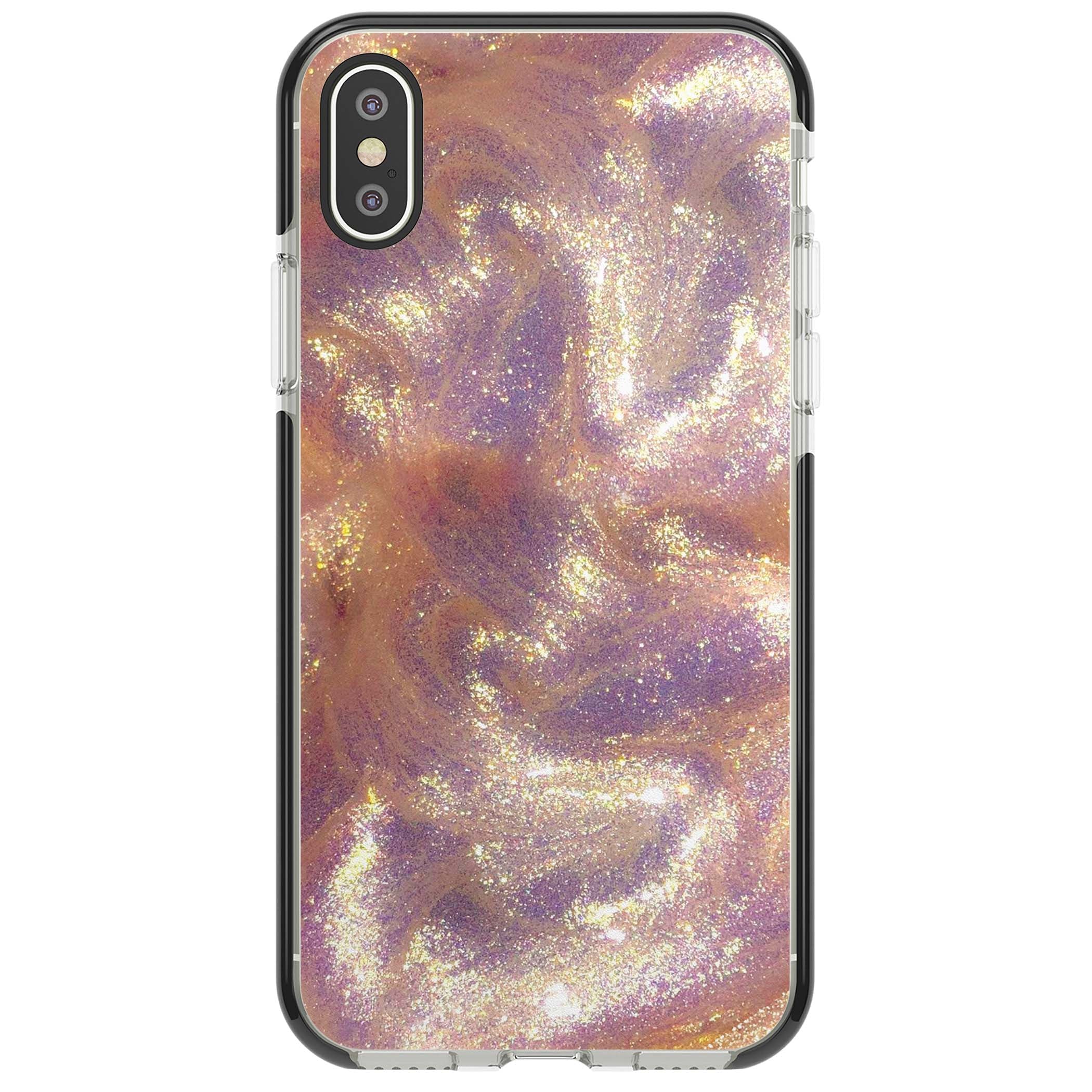 Shimmer marble iPhone case featuring rose gold glitter swirls, lilac shimmer and iridescent pearl finish | Black Impact case for iPhone X, iPhone XS Max, iPhone XR