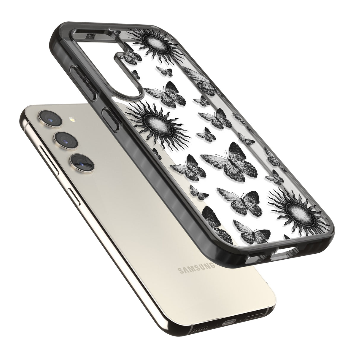 Butterflies Suns Samsung S22 / Samsung S22 Plus / Samsung S23 / Samsung S23 Plus / Samsung S24 / Samsung S24 Plus Impact Black Phone Case angled