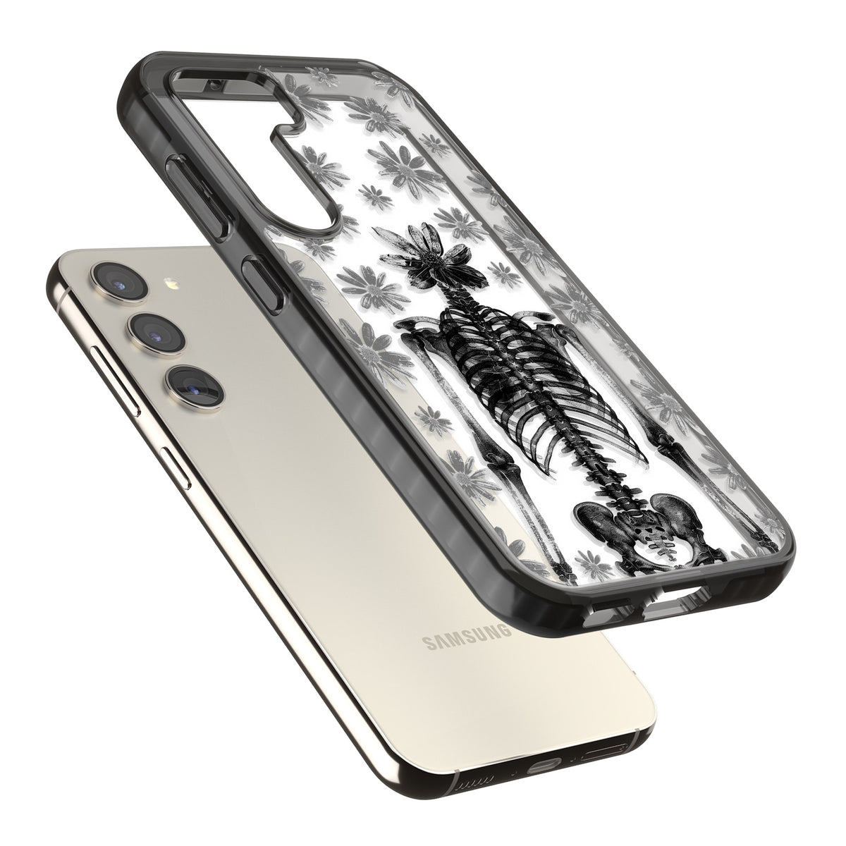 Skeleton Flower Samsung S22 / Samsung S22 Plus / Samsung S23 / Samsung S23 Plus / Samsung S24 / Samsung S24 Plus Impact Black Phone Case angled