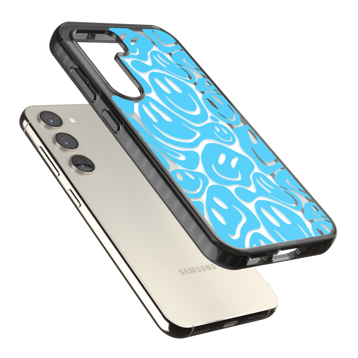 Blue Acid Faces Samsung S22 / Samsung S22 Plus / Samsung S23 / Samsung S23 Plus / Samsung S24 / Samsung S24 Plus Impact Black Phone Case angled