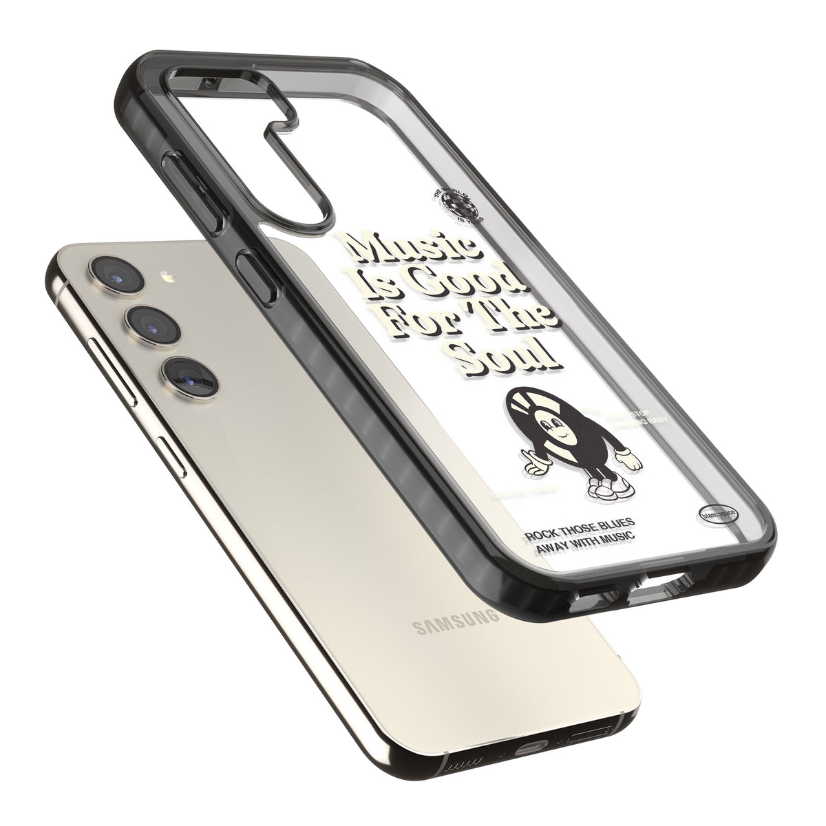Music Is Good For The Soul Samsung S22 / Samsung S22 Plus / Samsung S23 / Samsung S23 Plus / Samsung S24 / Samsung S24 Plus Impact Black Phone Case angled